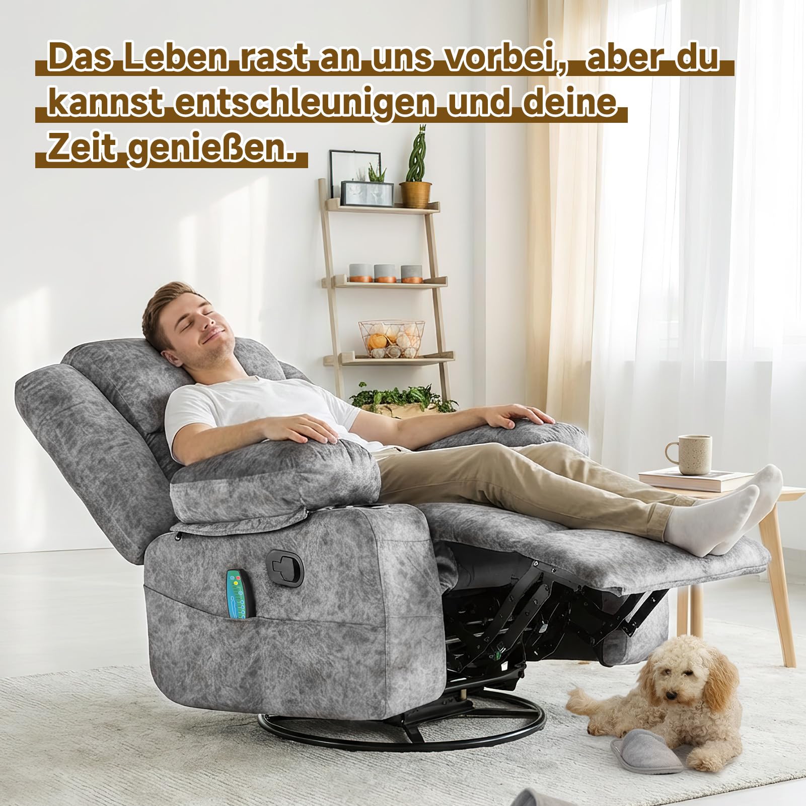 HAUSPROFI Fernsehsessel mit Wärme und Massage, Relaxsessel mit Liegefunktion, TV Sessel Wohnzimmer 360° Drehbarer mit 6 Seitentaschen Getränkehalter, Elektrisch Verstellbar Massagesessel, Grau