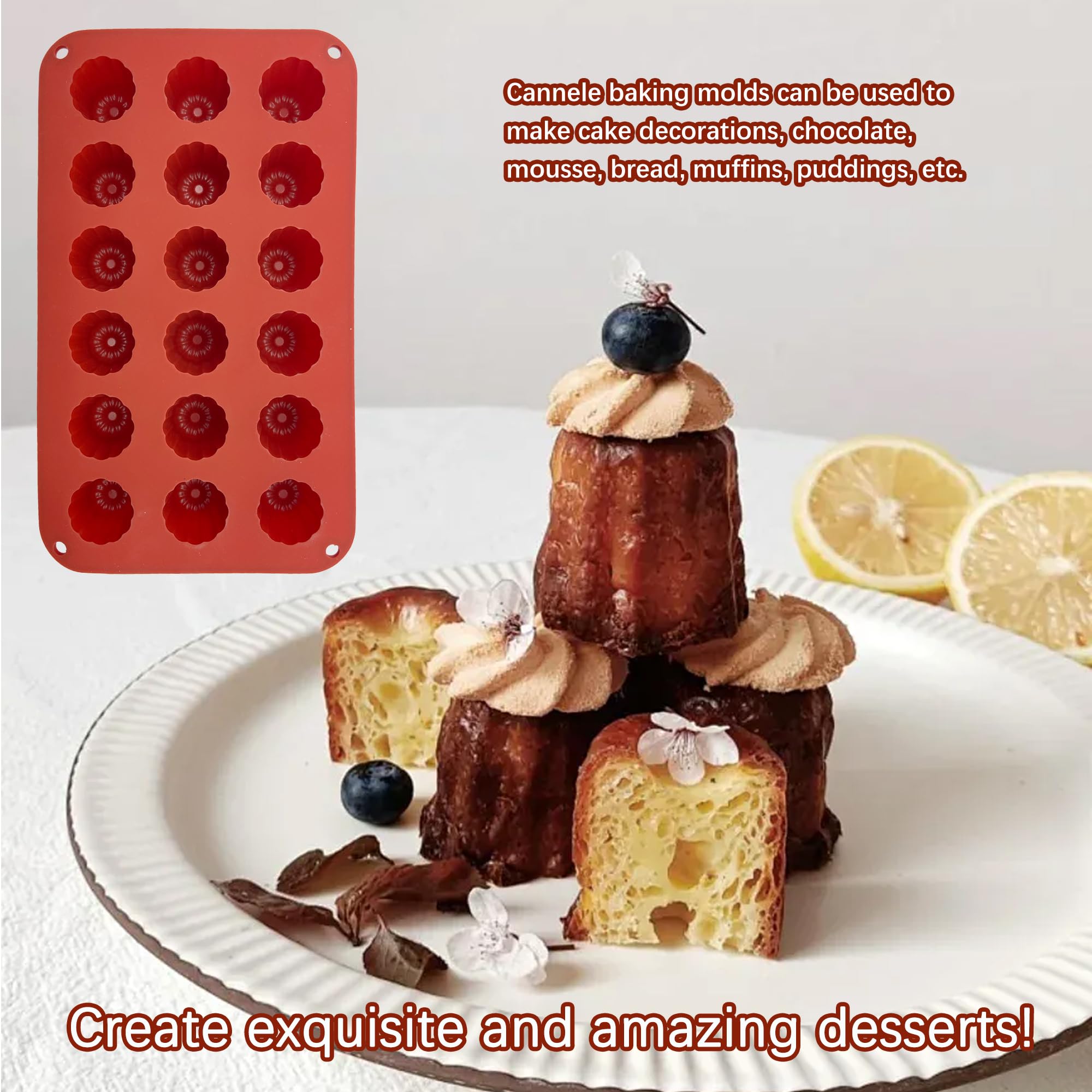 duoyif Silikonform Cannelés Backform, 32x35mm 18 Löcher Bordelais Cannelés Form, Cannelés Mousseform Kleine Blumen Brotbackform, Kuchenform Silikon Für Schokolade Kuchen Brot Pudding (Braun, H32mm