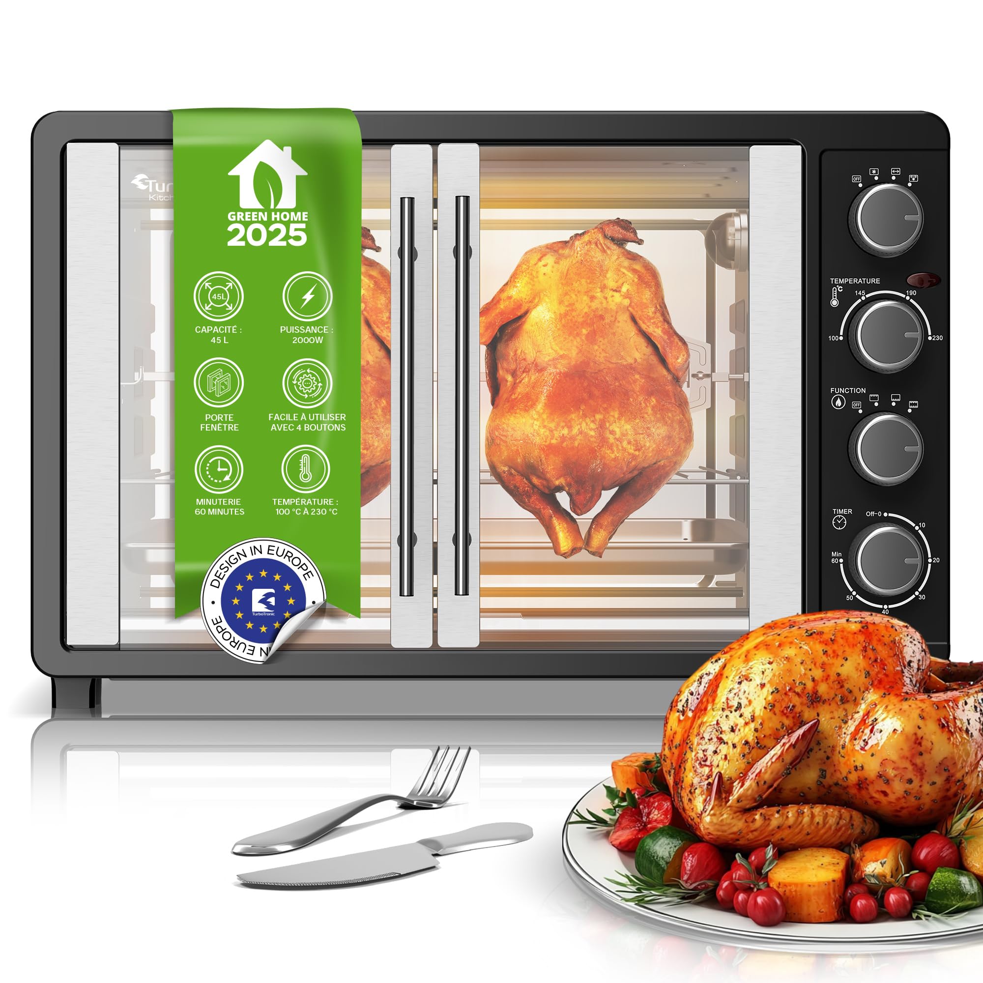 TurboTronic Mini four avec chaleur tournante, 45 l, noir, 2000 W, tournebroche, minuteur, mini four, four à pizza, plaque de cuisson, éclairage intérieur