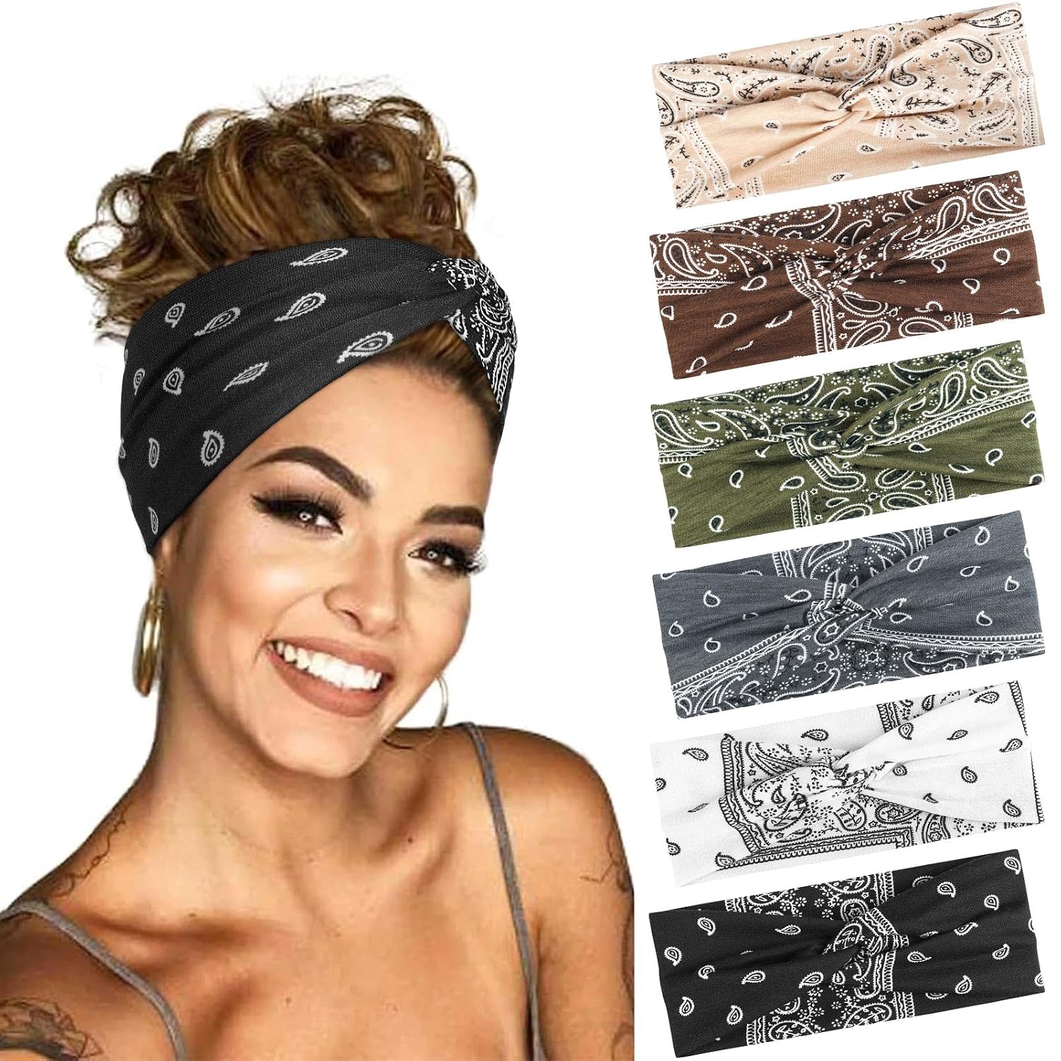 Hair Bands for Women, 6 Pcs Elastic Head Bands Boho Wide Soft Ladies Headband, Yoga Sports Hair Accessories for Women (Paisley)