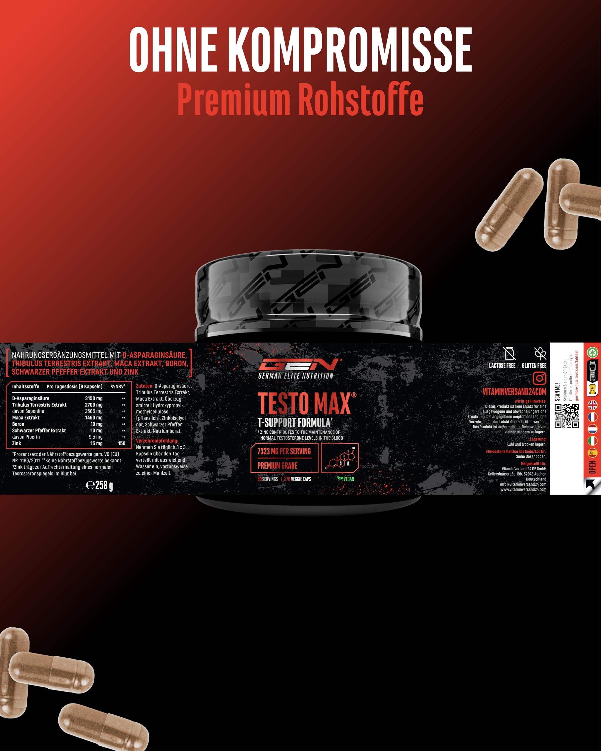 Testo MAX® - 270 Kapseln - extra hochdosiert mit 7323 mg pro Tagesdosis - mit D-Asparaginsäure - Tribulus - Maca Extrakt - Bor - Zink - Aminosäuren - vegan