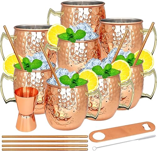 Moscow Mule - Juego de 8 tazas de acero inoxidable chapadas en cobre de 18 onzas, para bebidas frías (8 piezas)
