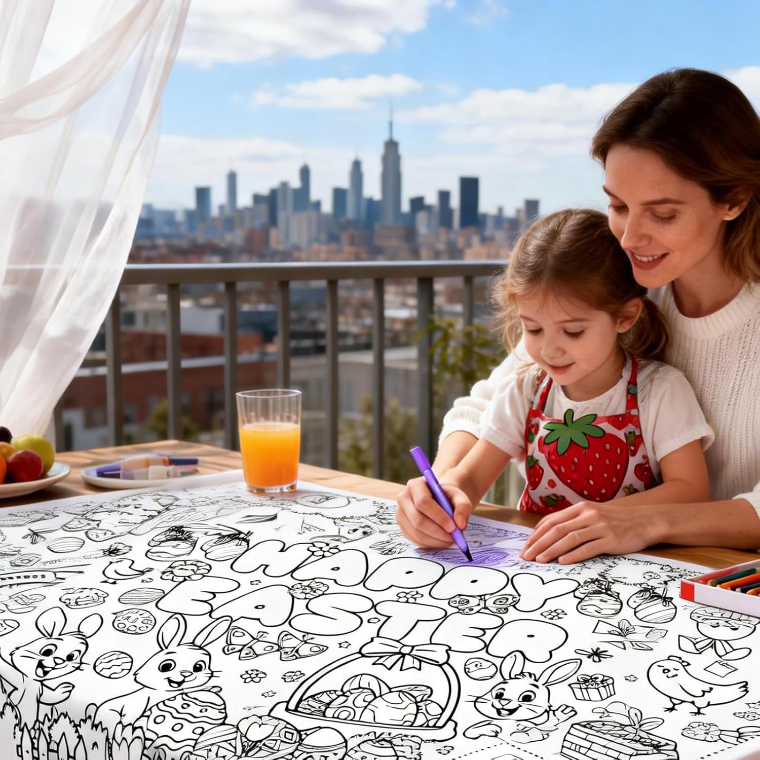Kids Coloring Tablecloth, Easter Bunny Egg Chick Theme Paper Coloring Poster, 31 x 72 Inch Spring Holiday Coloring Activity Party Table Cover