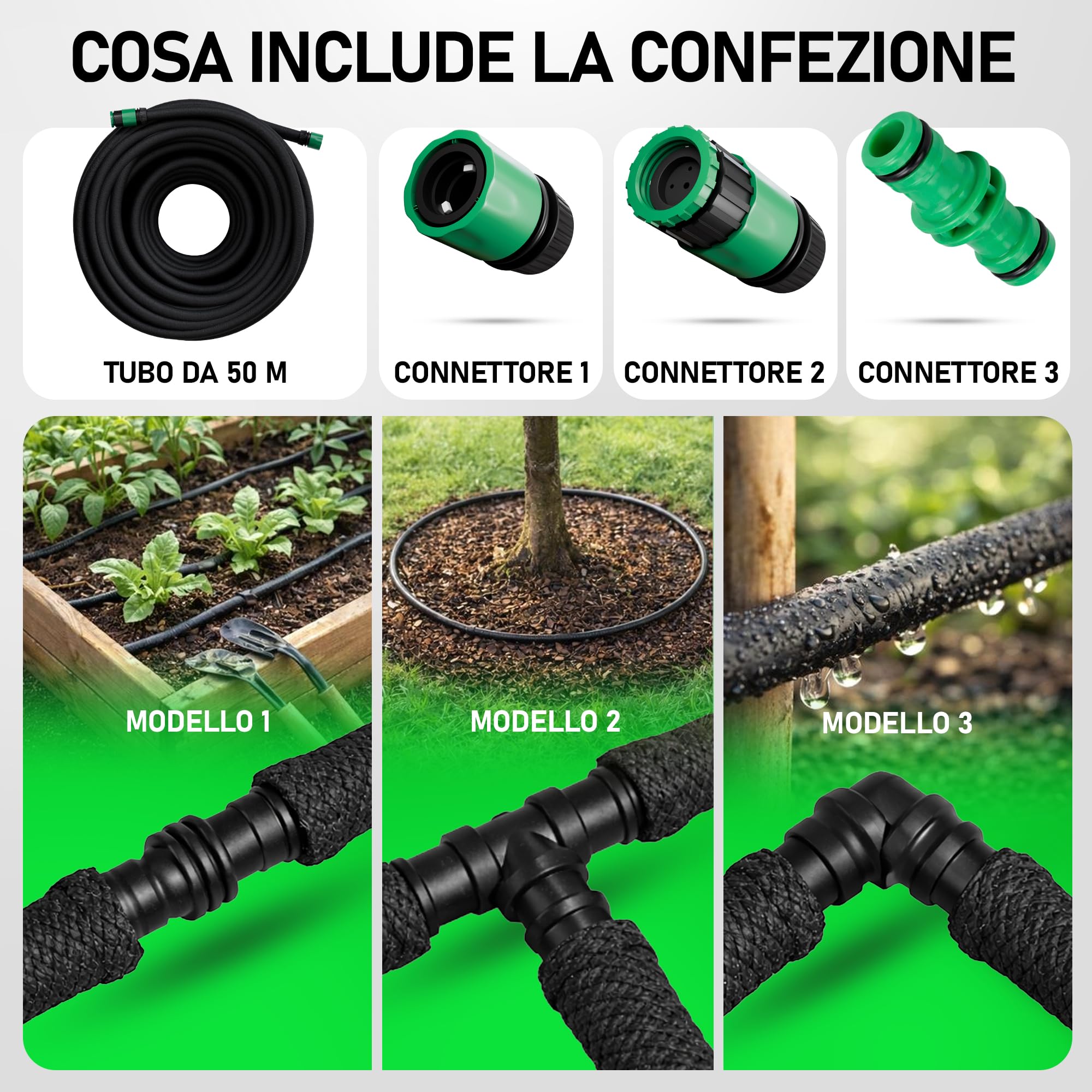 Tubo Poroso per Irrigazione 50 m | Irrigazione a Goccia Uniforme con Risparmio d’Acqua | Ideale per Giardino, Orto e Siepi | Kit di Connettori Incluso (5000, Centimetri)