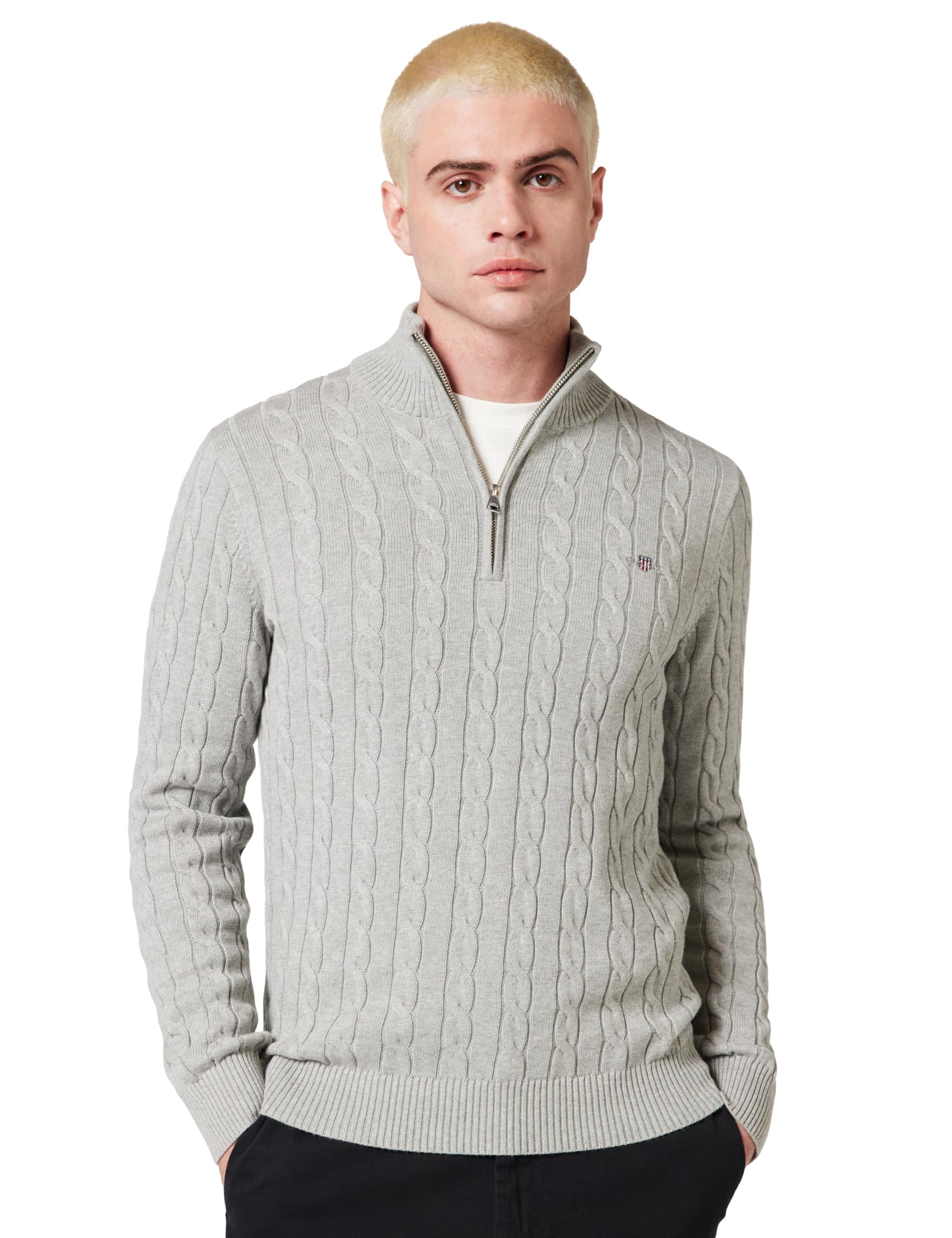 Gant Men's Grey Cotton Cable Knit Half-Zip Sweater (Xxl) Melange