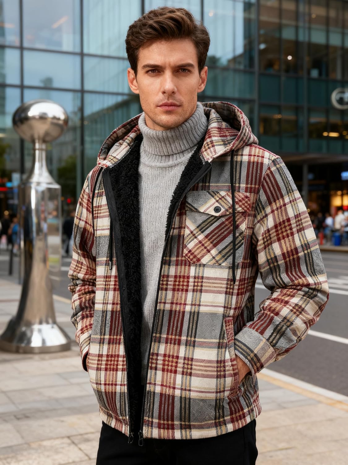 ZITY Mens Cotton Plaid Shirts Jacket Flannel Fleece Lined Hoodies Sherpa Zip Up Hoodie with Pocket - Image 3