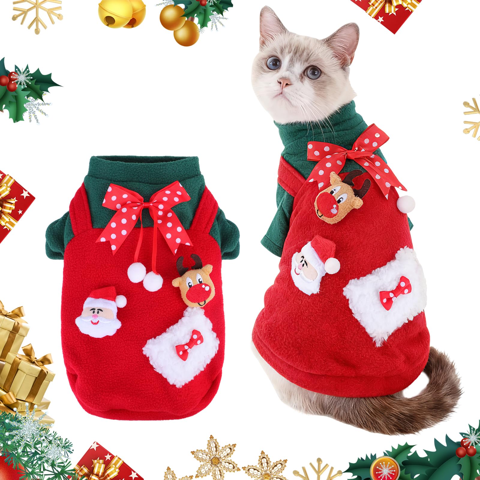 Cute Pet Christmas Costume, Cat Dog Holiday Sweatshirt, Dog Hoodies Cat Costume Christmas Outfits for Medium Large Cats Dogs Pets Cosplay Party Xmas New Year Birthday, L
