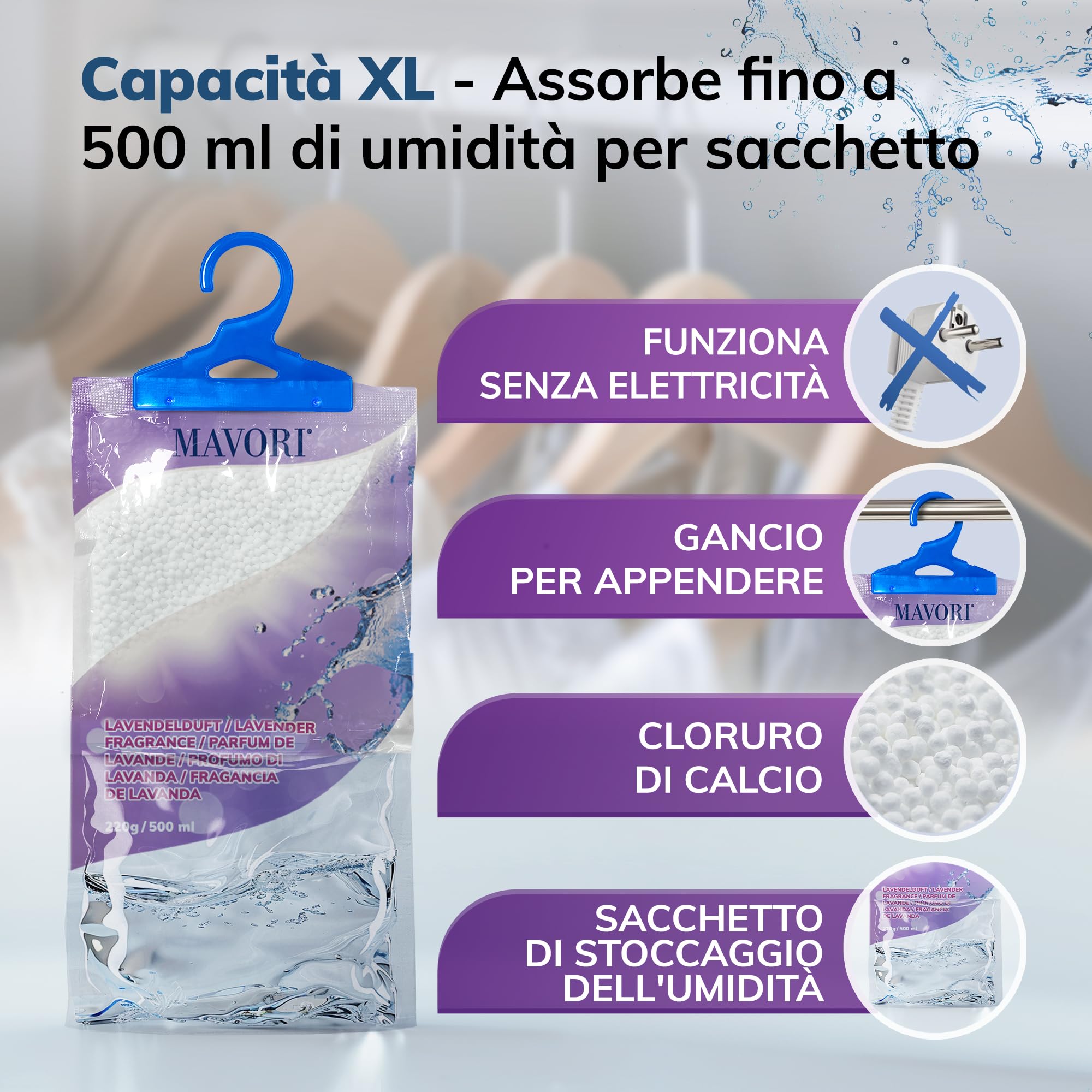 Set 10 deumidificatori XL da appendere | deumidificatori a sacchetti | deumidificatore da armadio e assorbiumidità per ambienti contro umidità, fino a 500 ml per sacchetto (Profumo di lavanda)