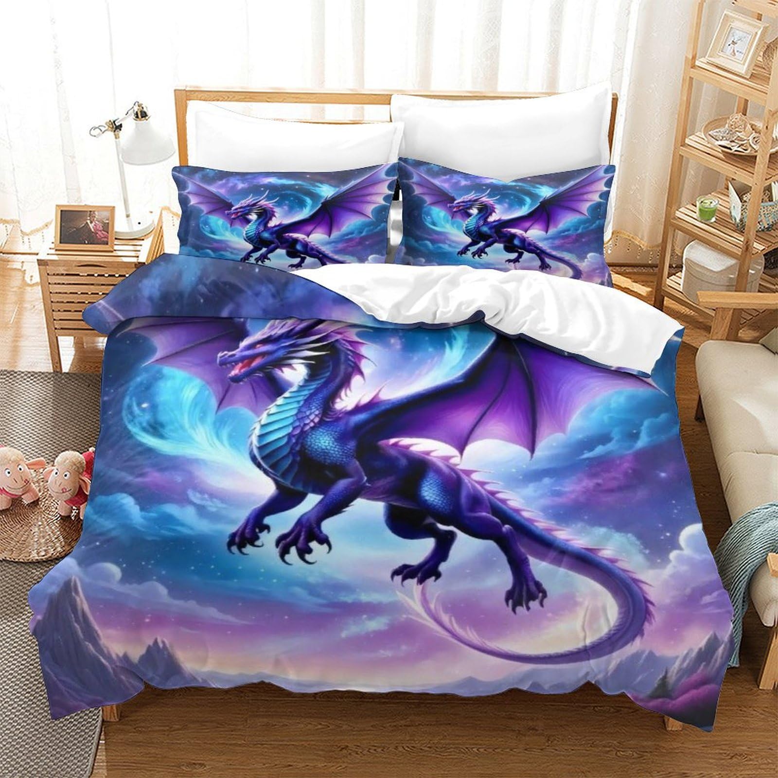 TNFHSOFT Flying Dragon Duvet Cover Set Bedding Quilt Cover Purple Dragon Set with Shames Soft Microfiber Xmas Bedding Sets with Zipper 3PCs Boys And Girls King（220x240cm）