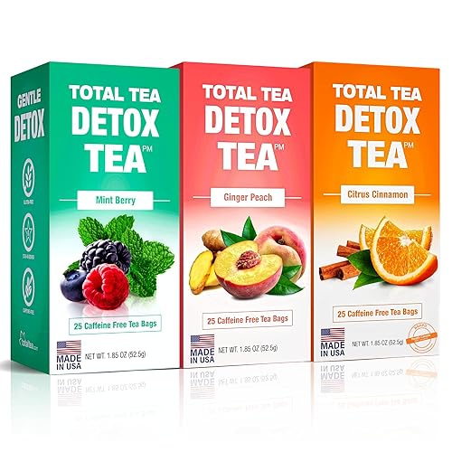 Total Tea Detox Tea Juego de 3 sabores – Cítricos, menta, melocotón – Té de hierbas con manzanilla, té de hibisco y raíz de jengibre para limpieza