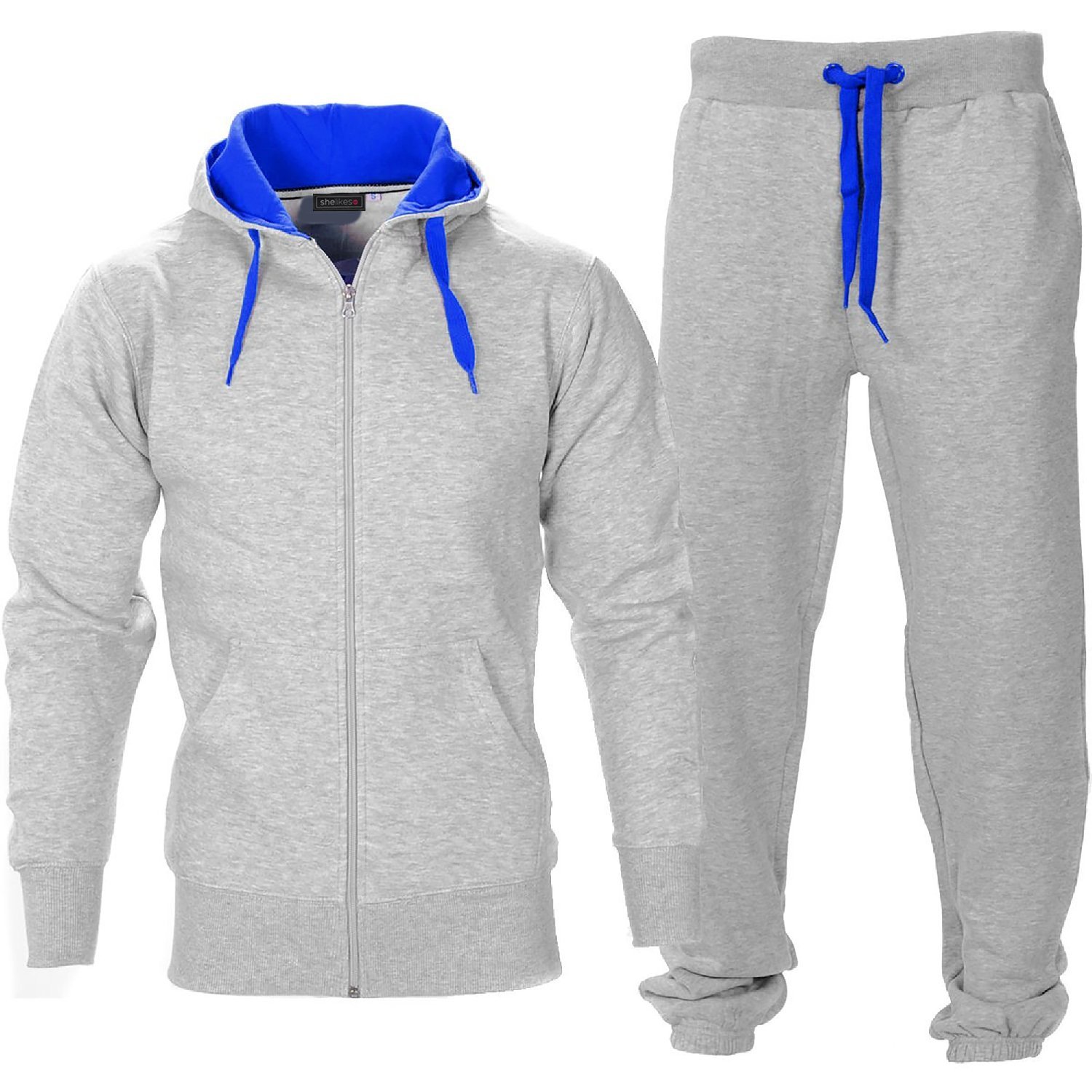 Shelikes Men's Grey/Blue Contrast Tracksuit Set Full Sleeve Fleece Zipper Hoodie Top Bottoms Jogging Joggers Sports Sweat Suit