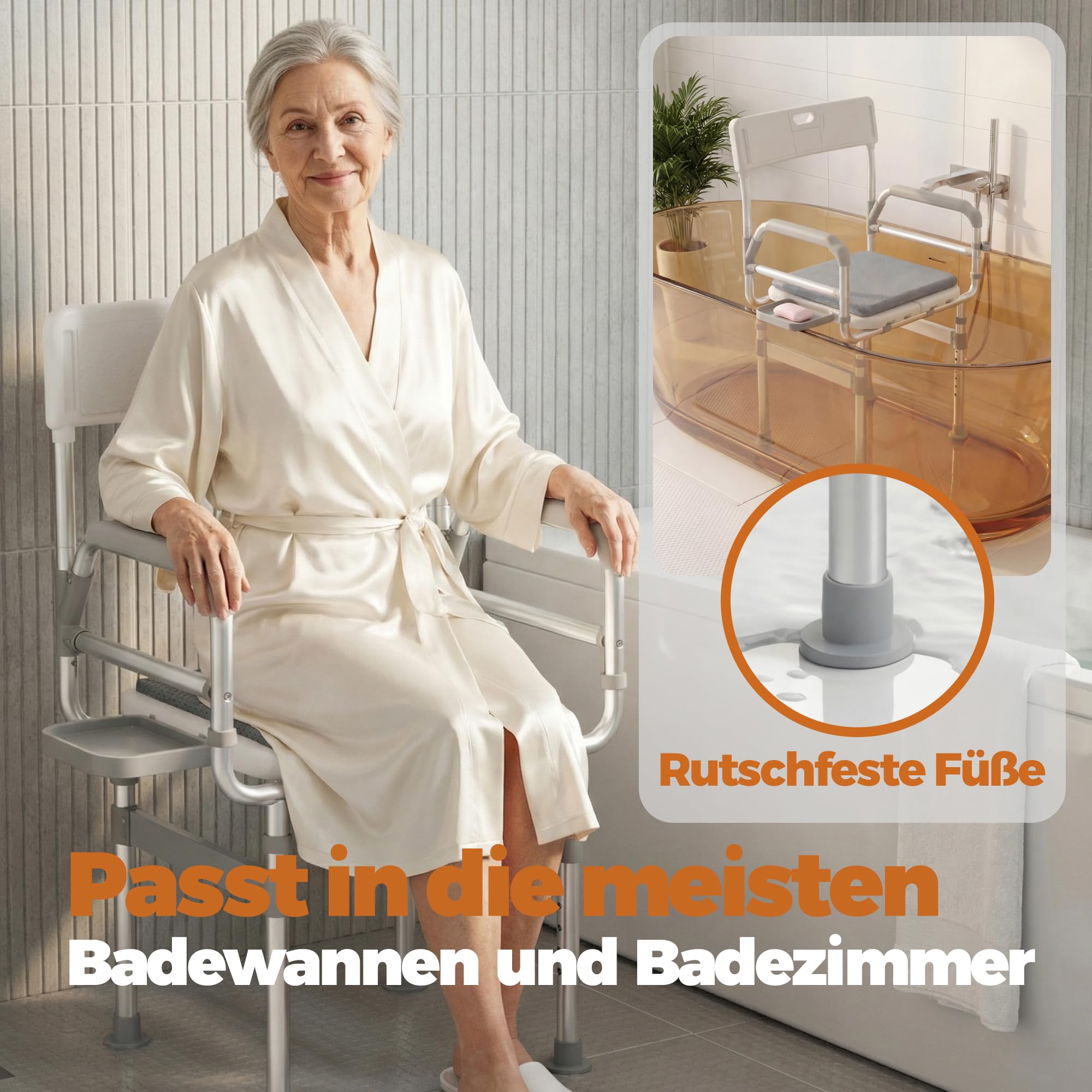 Duschstuhl klappbar Senioren mit Armlehnen, Duschkissen, bis 200 kg, XXL | Duschhocker mit Rückenlehne, 6-fach höhenverstellbar, extra breite Sitzfläche, erhöhte Sitzhöhe für Dusche und Badewanne
