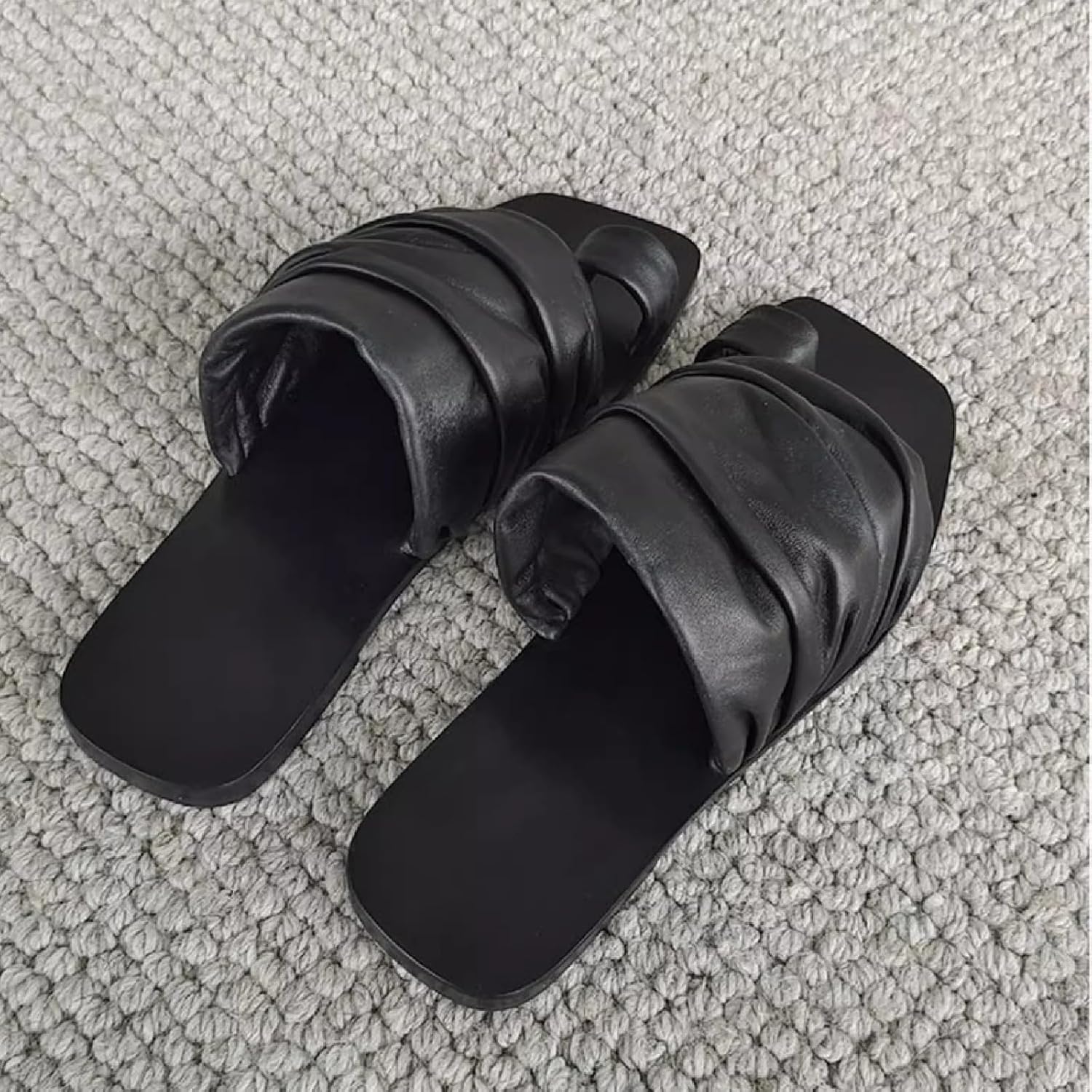 Women's Pleated Leather Toe Ring Flats Sandals Fashion Comfort Open Square Toe Low Block Heel Slip-on Clip Toe Slides Summer Daily Beach Slippers