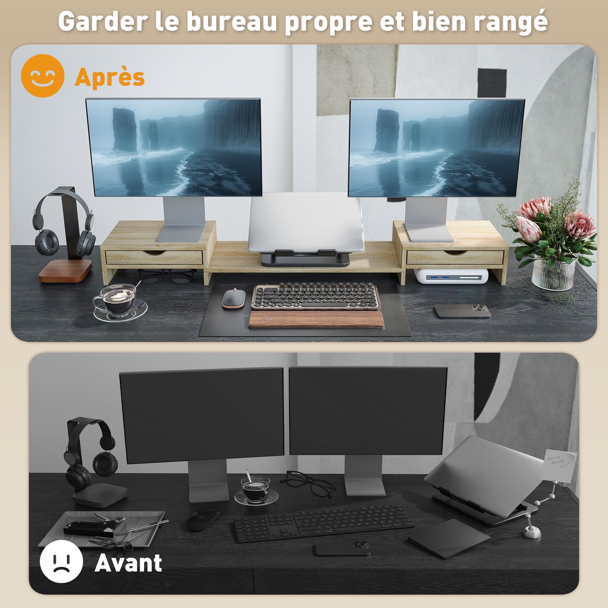 HOMCOM Rehausseur écran PC bureau support moniteur 60-116 cm 2 tiroirs réglable chêne