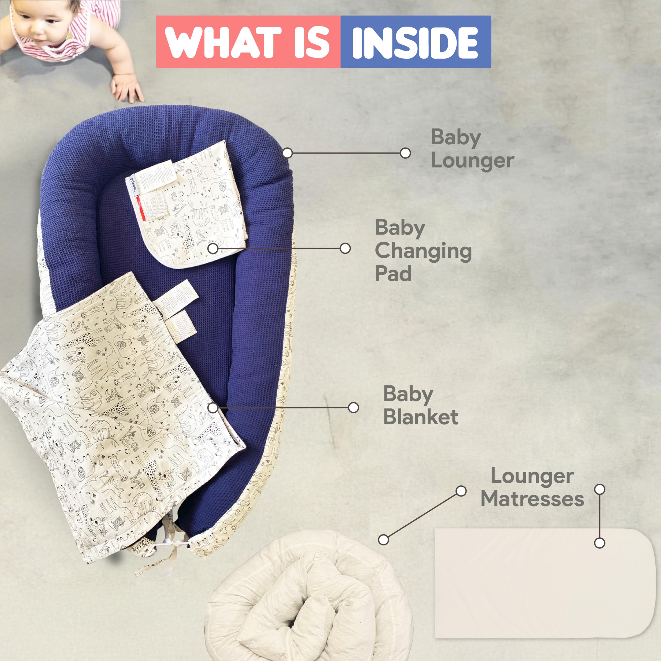 LUVOOR Baby Lounger Newborn Essentials, 3 in 1 Baby Nest, Blanket, Changing Mat Multipurpose, Portable Set, Infant Mattress Seat, Breathable Cover, Travel Bed, Shower Gift, Dock a tot, Tummy Play Time