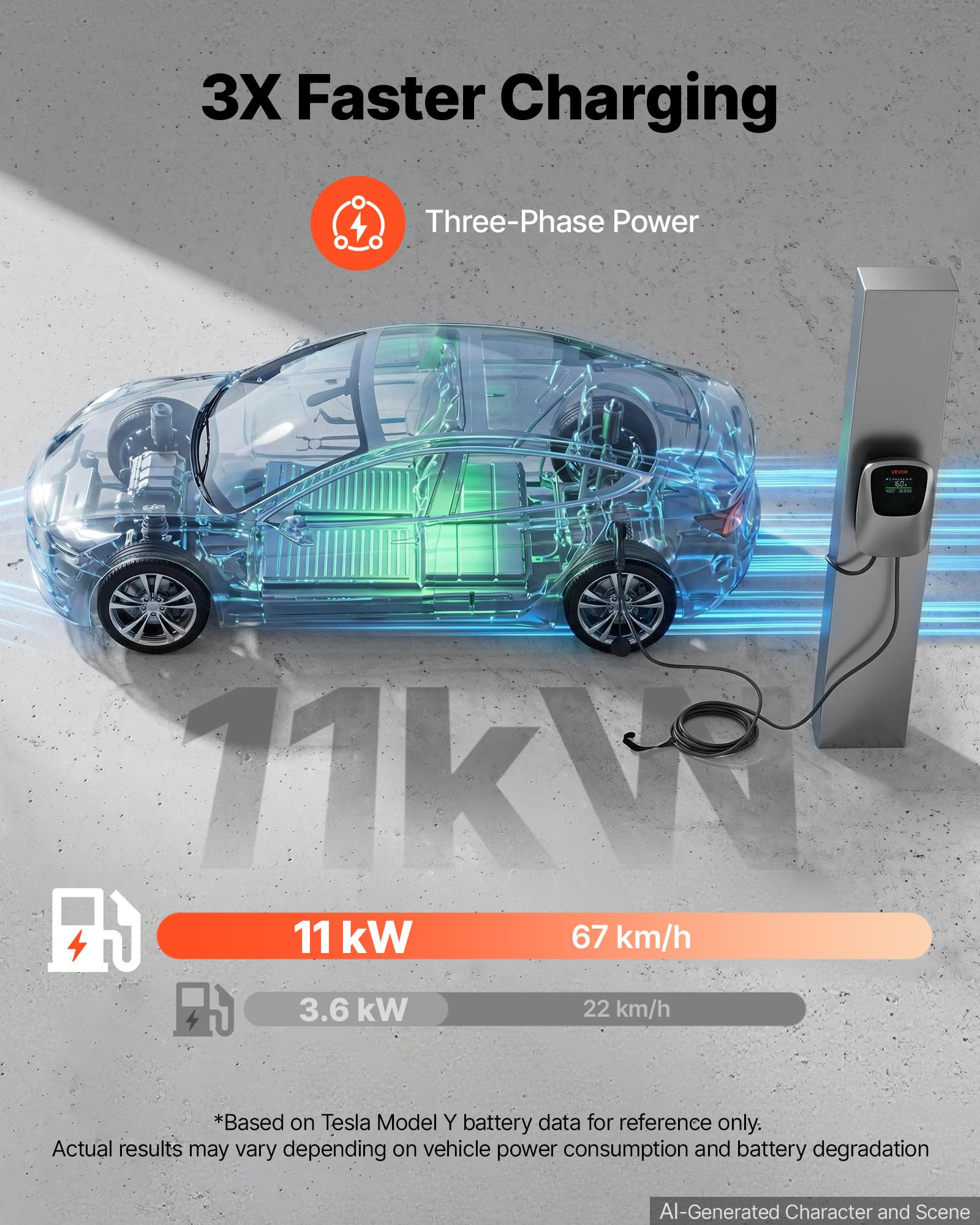 VEVOR Borne Recharge Véhicule Électrique 11 KW Chargeur Triphasé Type 2 CEE pour Voiture Électrique et Hybride Rechargeable, Domestique 400 V CA 16 A, Contrôle Intelligent APP, Écran Numérique, IP65