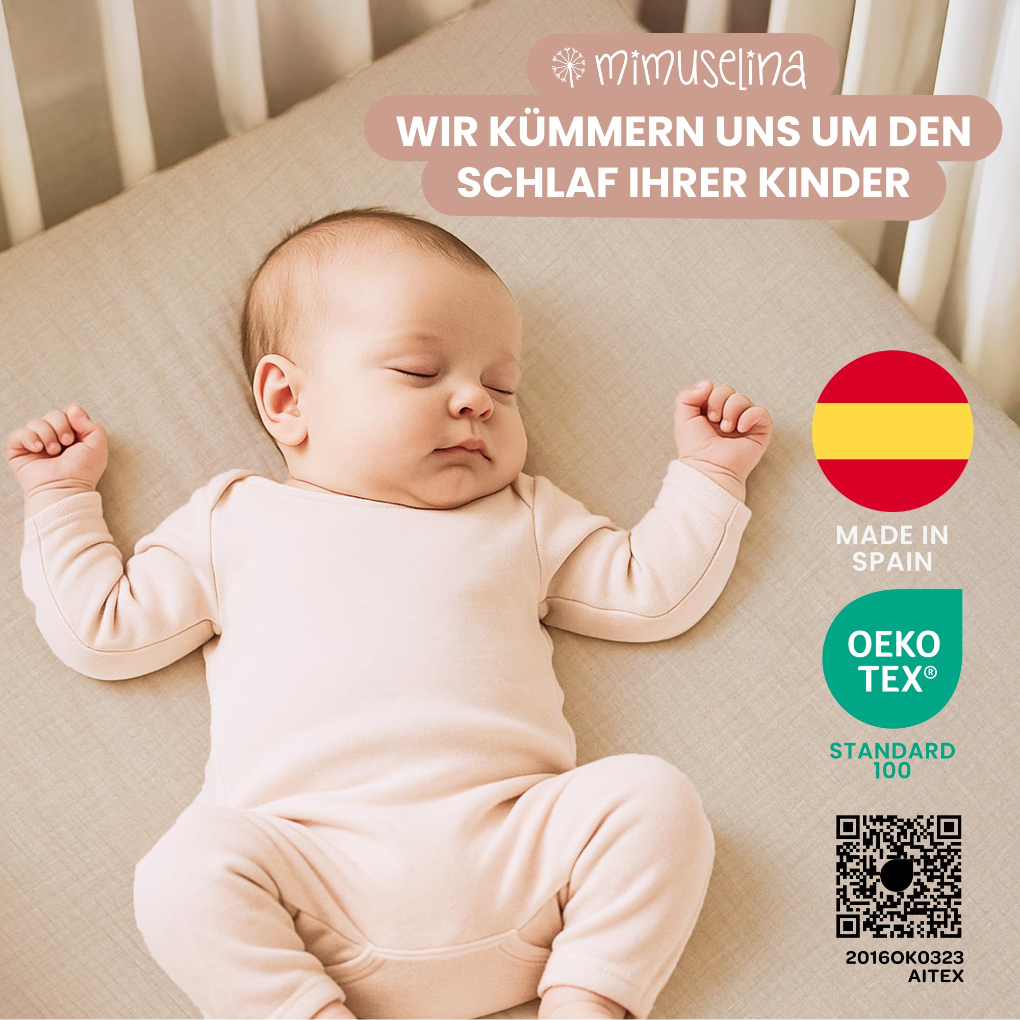 Mimuselina Spannbettlaken Stubenwagen 35x75 – 2er-Pack Stubenwagen Bezug 75x35 aus 100% weicher, atmungsaktiver Musselin-Baumwolle – Handgefertigt in Spanien – [Mint + Sand]
