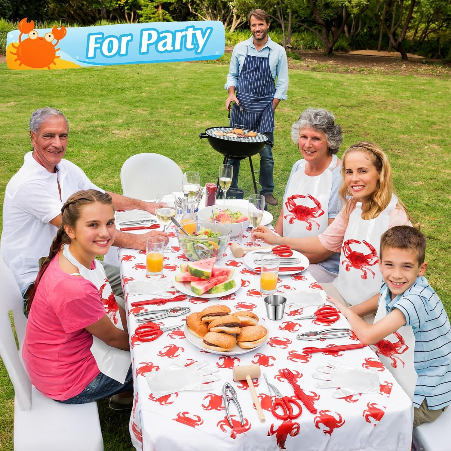 48 Pcs Seafood Tools Set Include Crab Crackers Forks/picks Shellers Seafood Scissors Hammer Dipping Sauce Cups Bibs Disposable Gloves Tablecloth(Crab)