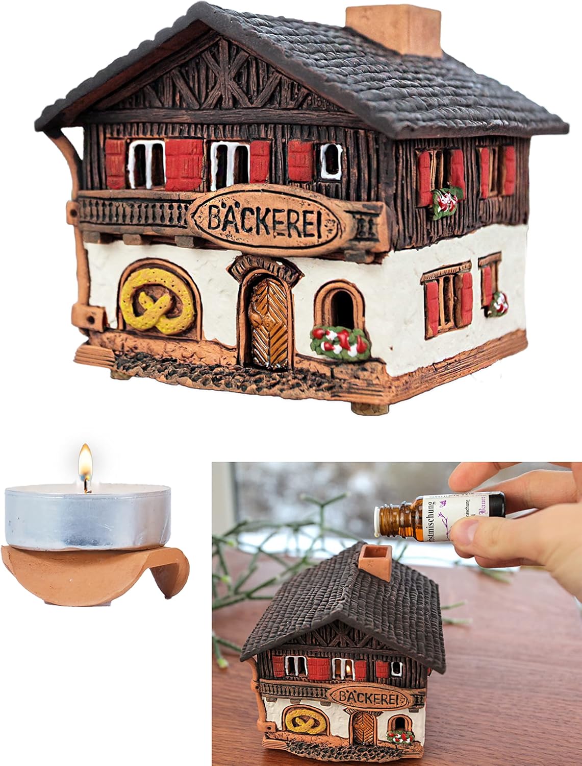 Ceramic Houses and Villages Collection - Handmade German House Miniature House of The Original Bakery in Bavaria Candle, Cone Incense Burner Home Décor A268AR