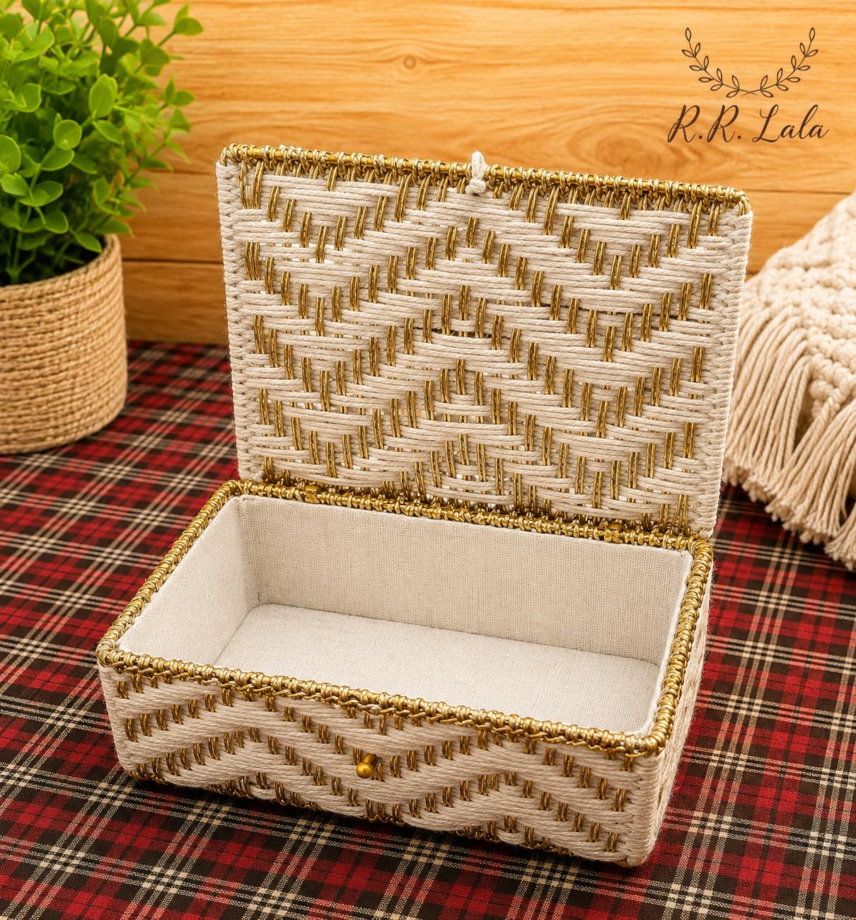 Ivory Cotton OR Gold Yarn Handmade Macramé Gift Hamper Basket – Decorative White & Gold Storage Box for Jewelry, Gifts hamper, Keepsakes & Home Décor Size 30x20x10 CM-image-0