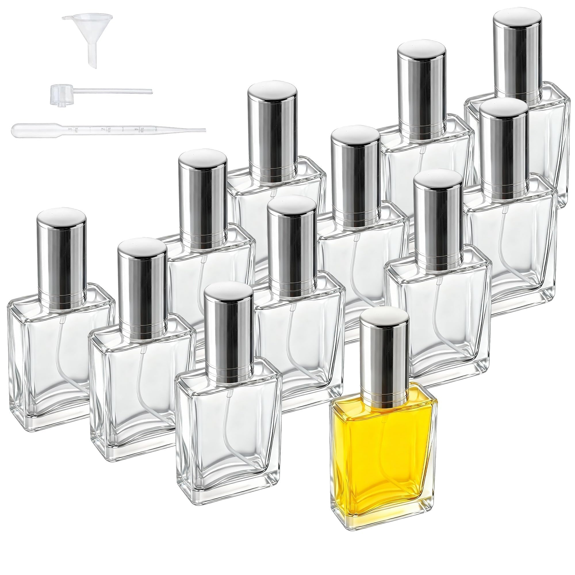 HDCRYSTALGIFTS 12 bottigliette vuote quadrate in vetro da 15 ml, con nebulizzatore e nebulizzatore per profumo, erogatore di pipette, profumi, lozioni, oli essenziali, 12 pezzi