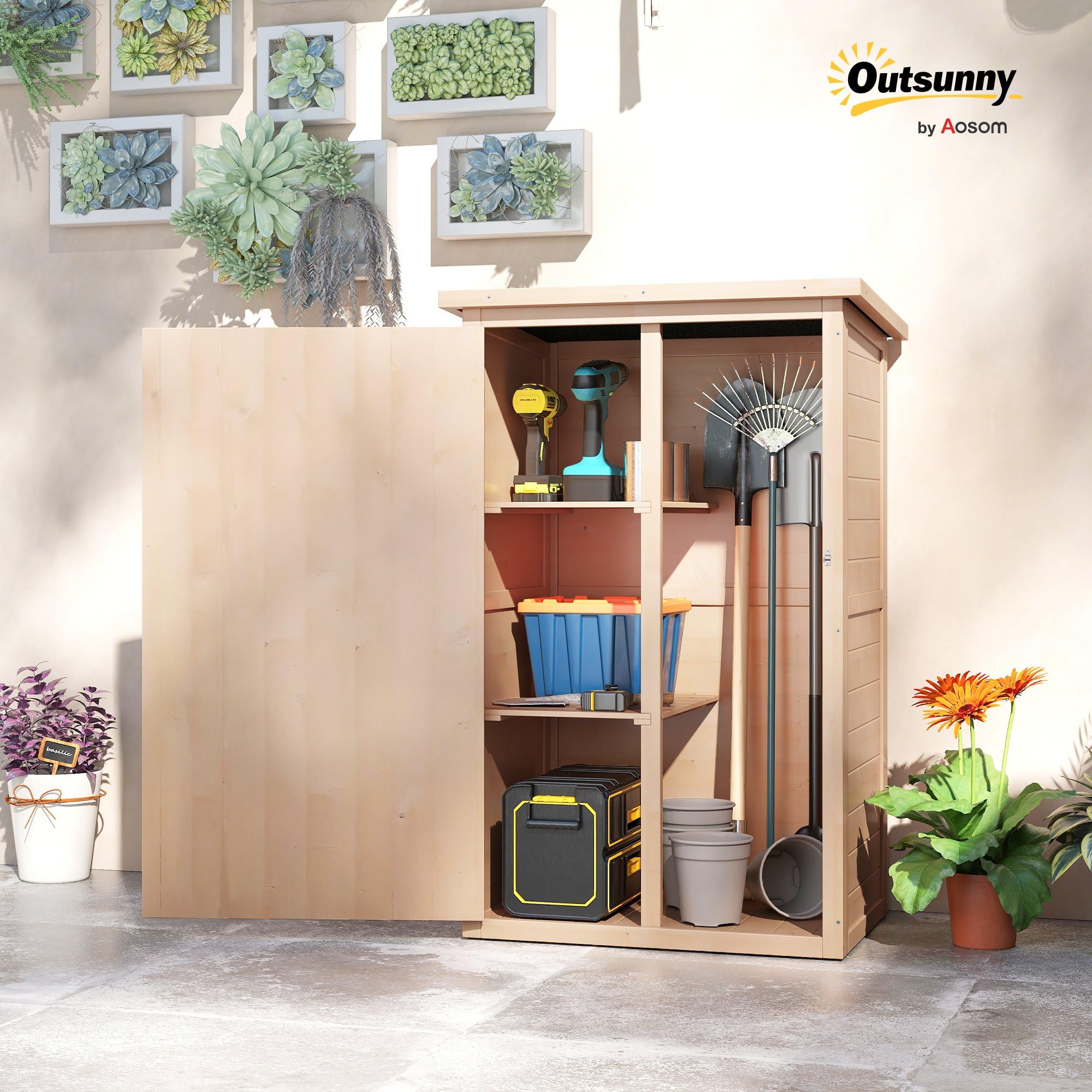 Outsunny Caseta de Jardín de Madera 75x56x115 cm Armario Cobertizo de Exterior para Herramientas con 3 Estantes Interiores Puerta con Pestillo y Techo Asfáltico Natural