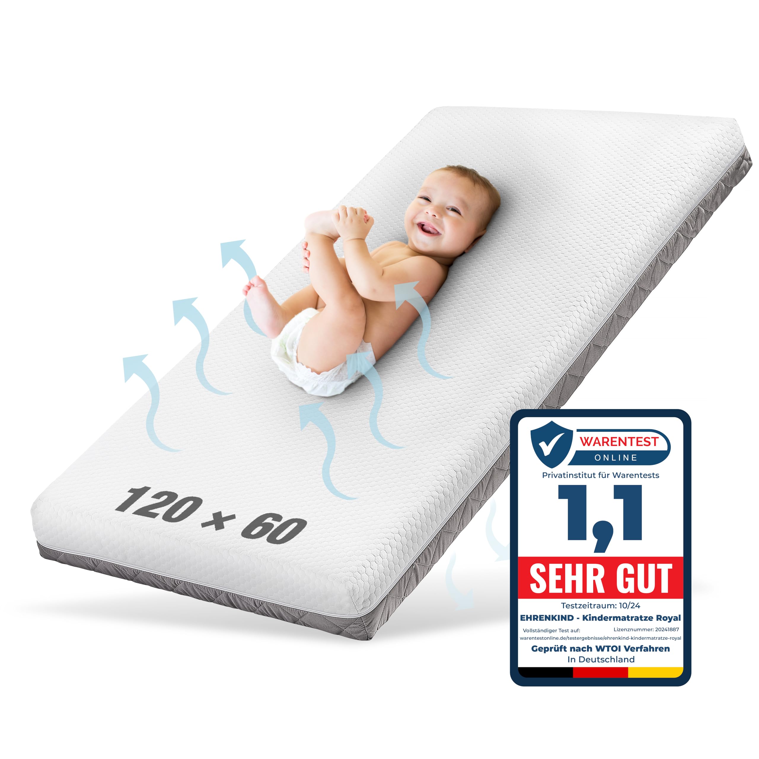 Ehrenkind® Babymatratze Royal | Babymatratze 60x120cm Standard 100 by OEKO-TEX | Matratze 120x60 mit innovativem 3D Mesh und Hygiene Tencel Bezug wasserdicht + luftdurchlässig