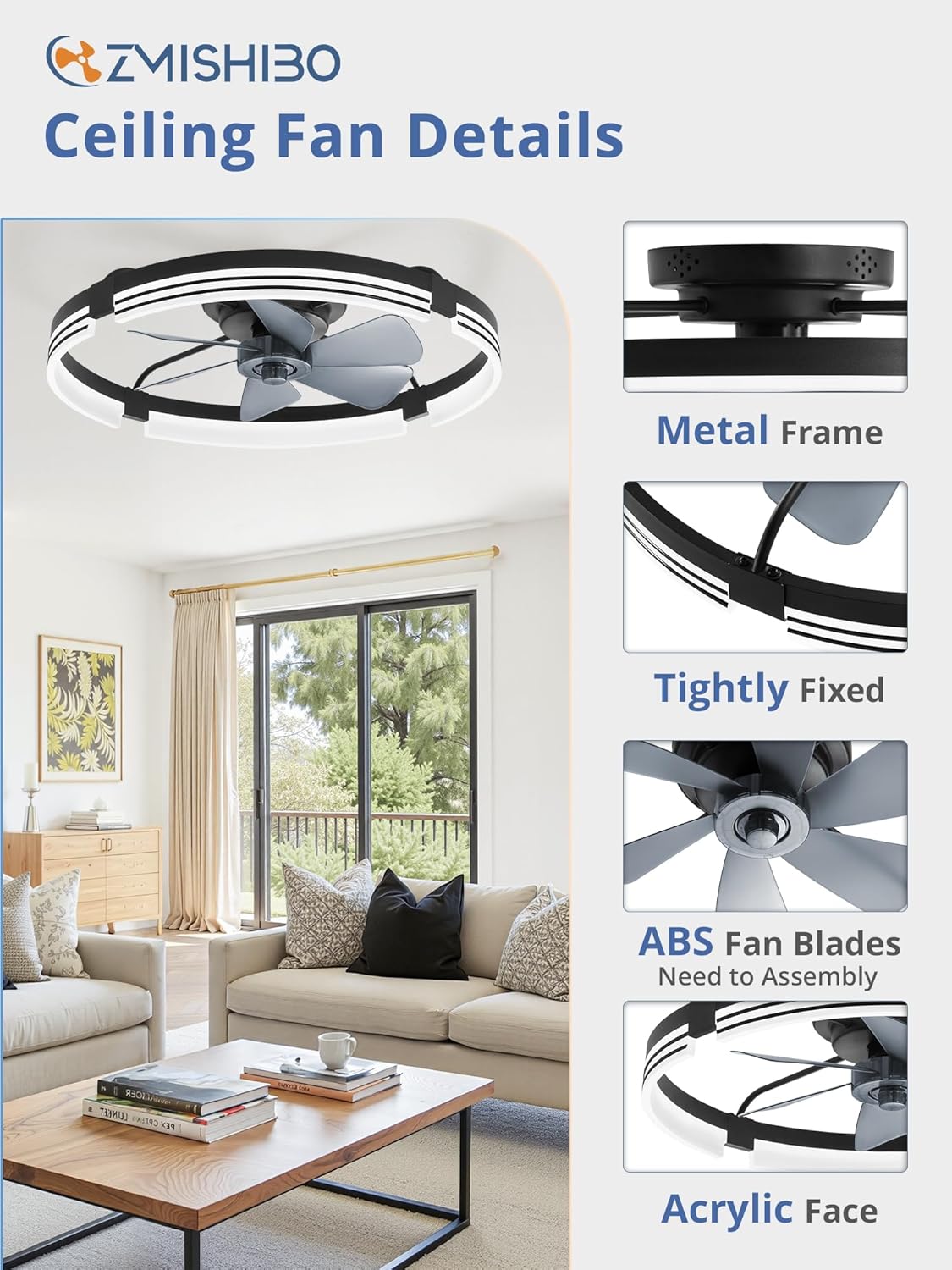 Ventiladores de techo de bajo perfil con luz e interruptor remoto, ventilador de techo de montaje plano de 20 pulgadas con luz, ventilador de araña LED con luz regulable de 3000K-6000K, - imagen 3