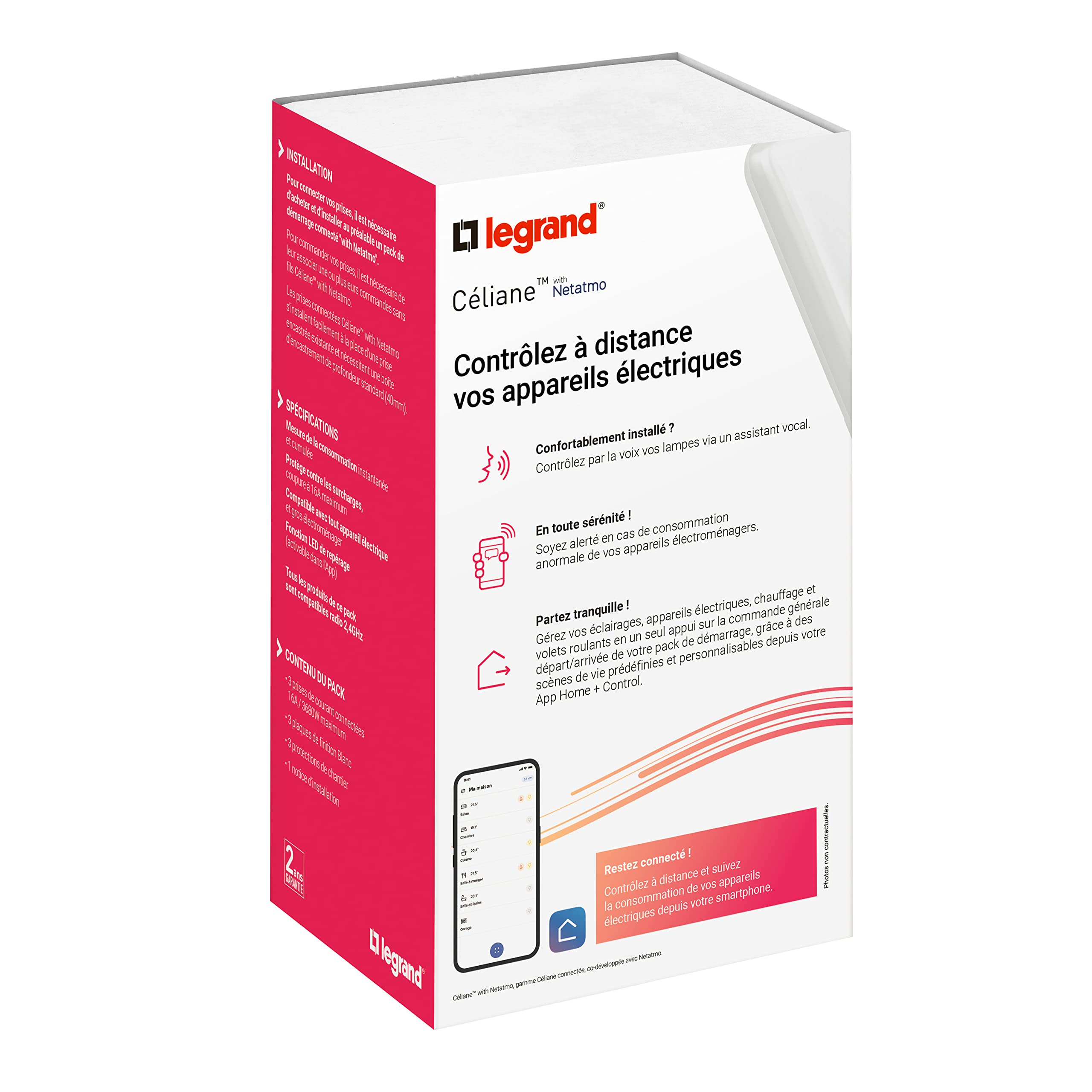 Lote de 3 tomas conectadas con toma de tierra – Céliane with Netatmo (medición de potencia y seguimiento del consumo) con placa blanca – Control remoto de aparatos eléctricos – Legrand 199160