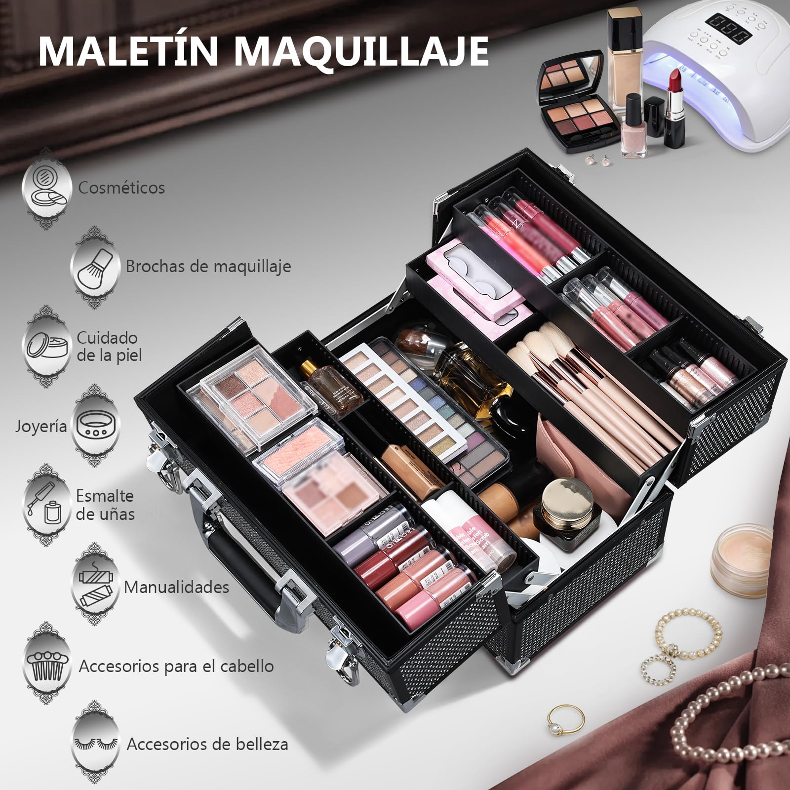 Maletín Profesional de Maquillaje, Maletín de Manicura y Peluquería,Caja de Almacenamiento, Marco de Aluminio, Cierre de Seguridad y Correa Ajustable, Negra