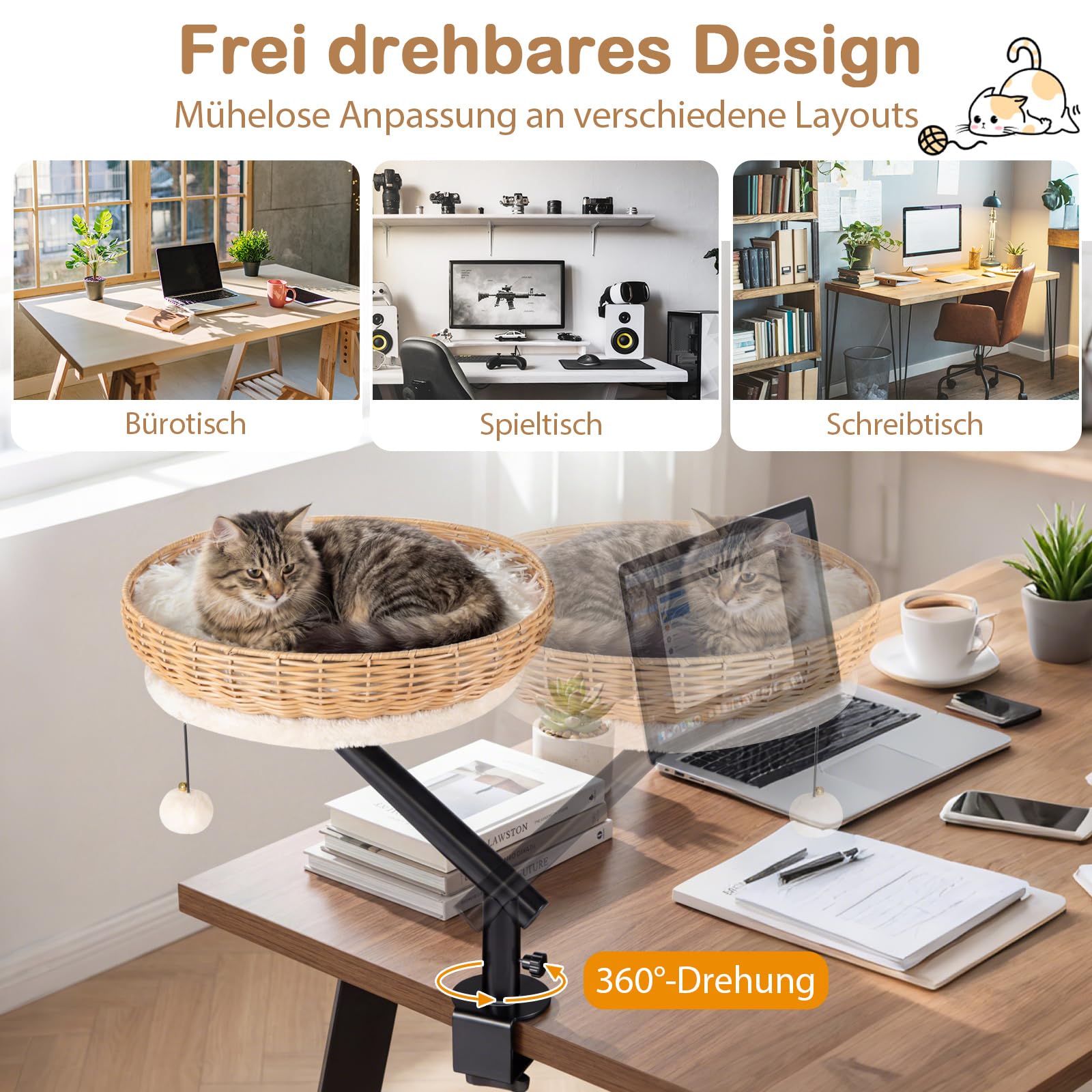COSTWAY Katzenbett für Schreibtisch, Katzenkorb aus PE-Rattan, 360° drehbar, Katzen Schreibtischbett mit abnehmbarem Plüschkissen & Hängeball, Katzenbettständer Hängematte, ohne Bohren