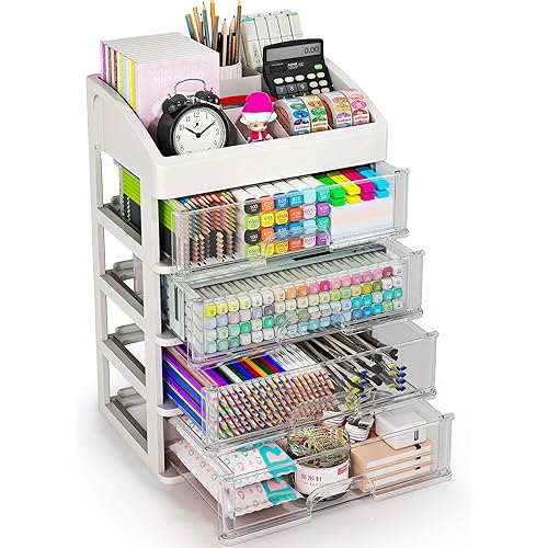 Desktop Organizer with Drawers, 4 Drawer Desk Organizer, White Storage Organizer with Drawers,Plastic Desk Organizer for Office, Bathroom, Makeup, Craft