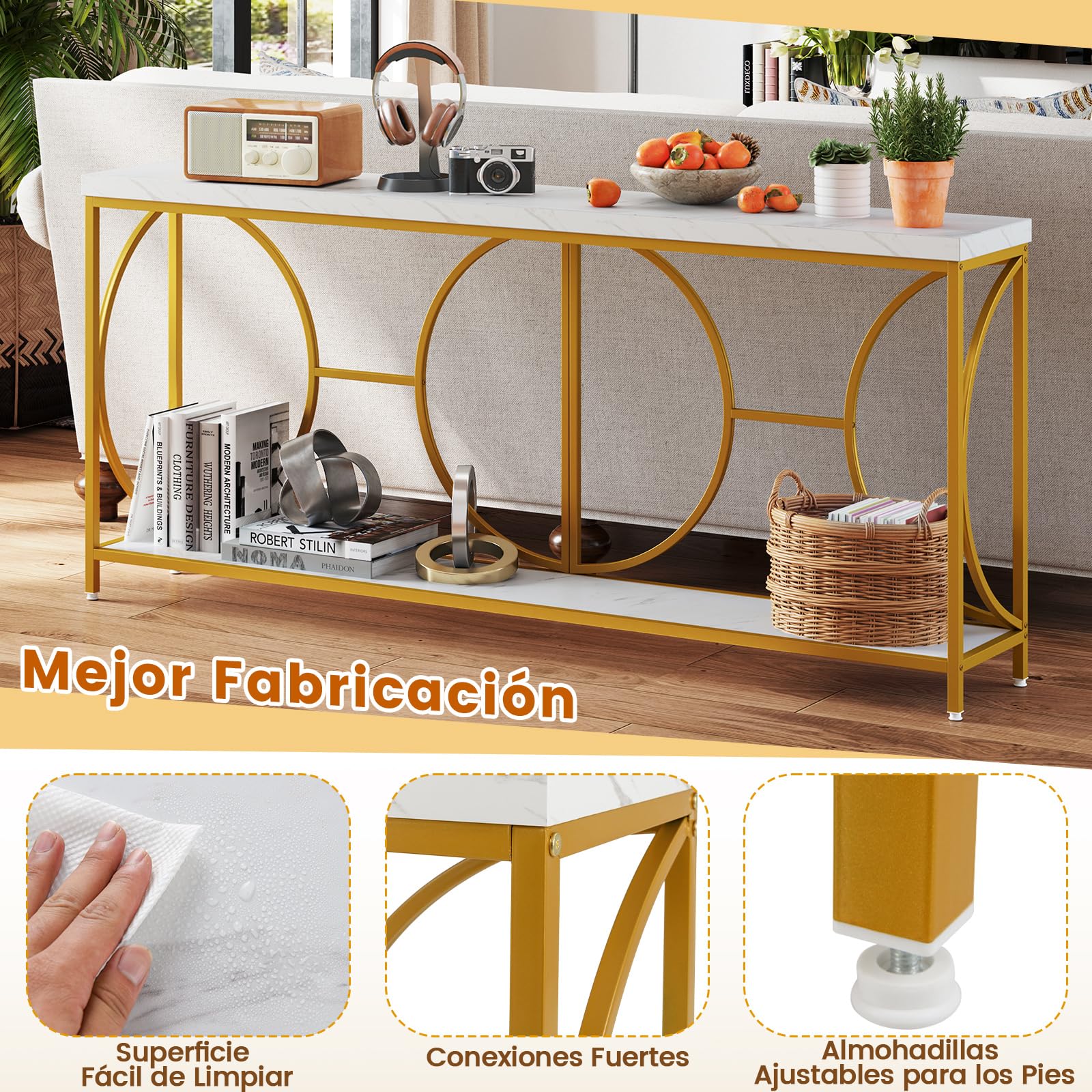 COSTWAY Mesa Consola de 2 Niveles con Superficie de Mármol Falso, Entrada Recibidor, Marco de Metal Resistente, Mesa Auxiliar Larga para Sofá, Mesa de Acento Moderna con Estante, 180 x 30 x 80 cm