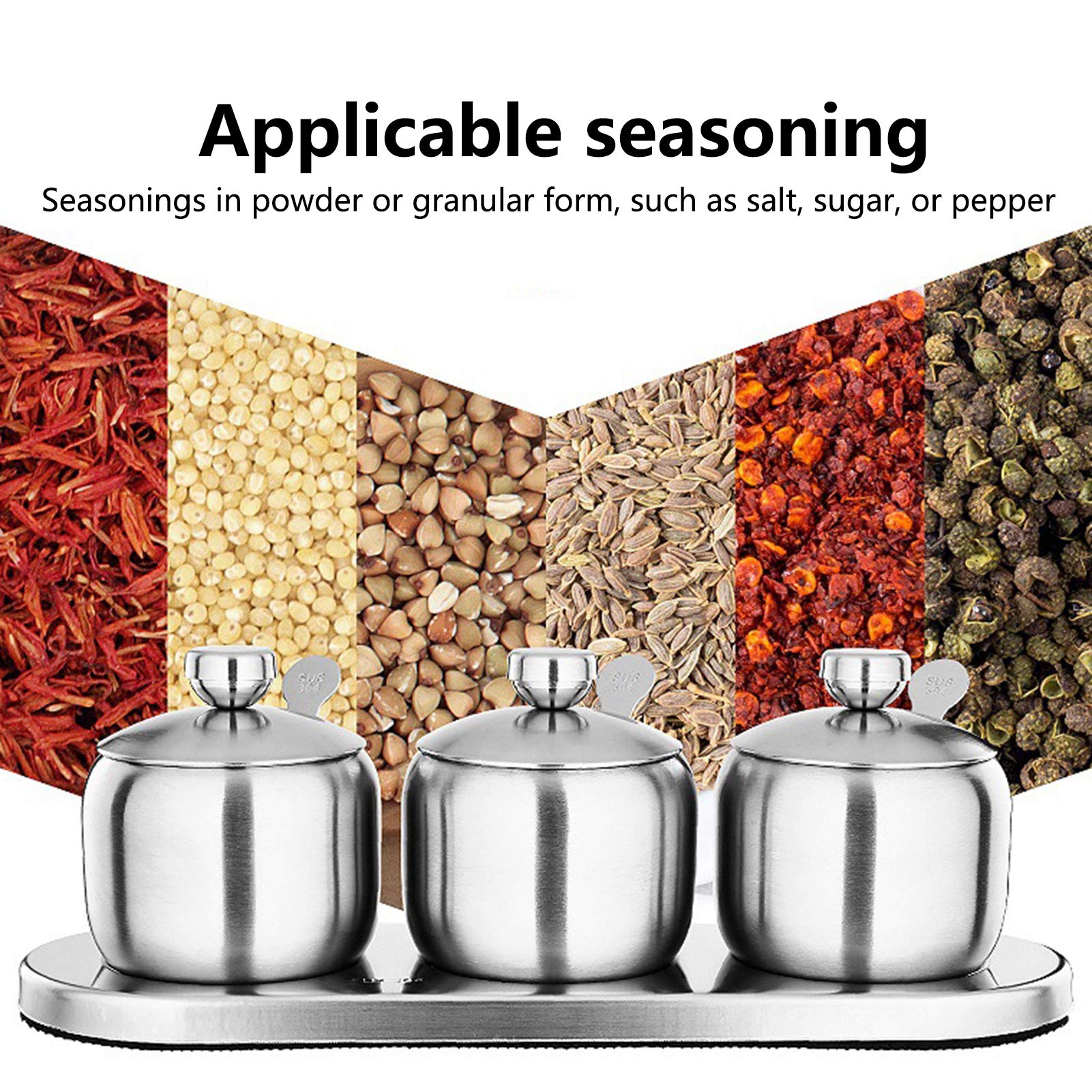 Set di 3 contenitori per spezie in acciaio inox con coperchi e vassoio, ideali per conservare sale, pepe, curry, peperoncino in polvere, organizer per spezie da cucina, 8,5 x 9,5 cm, resistente ed