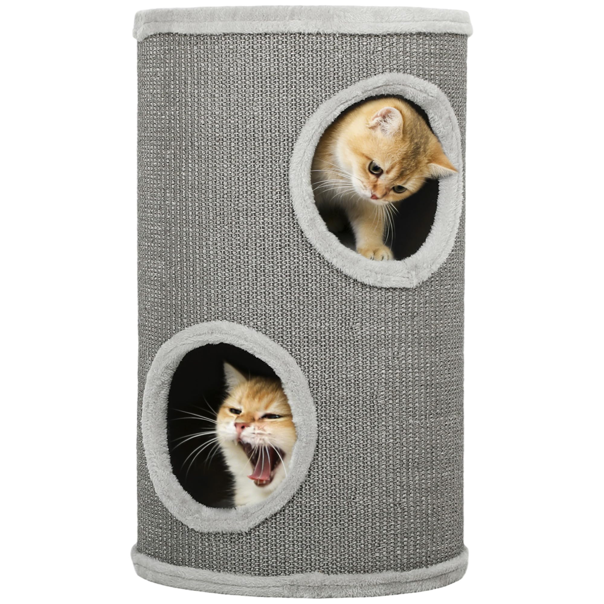 PawHut Arbre à Chat, 60 cm de Haut, Ø 35 cm, Deux étages avec 2 niches, Bordure en Peluche, Tour pour 1 à 2 Chats jusqu'à 5 kg, Gris Clair