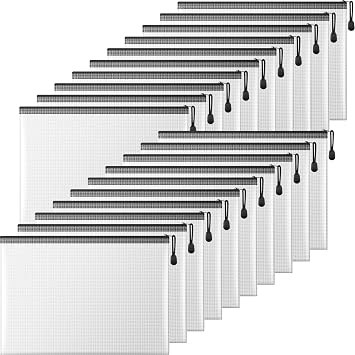 Mesh Zipper Pouch, 20PCS Waterproof Zipper Bags A4 Size Plastic Document Folders for School Supplies, Office Appliances, Home Organize and Travel Storage Black