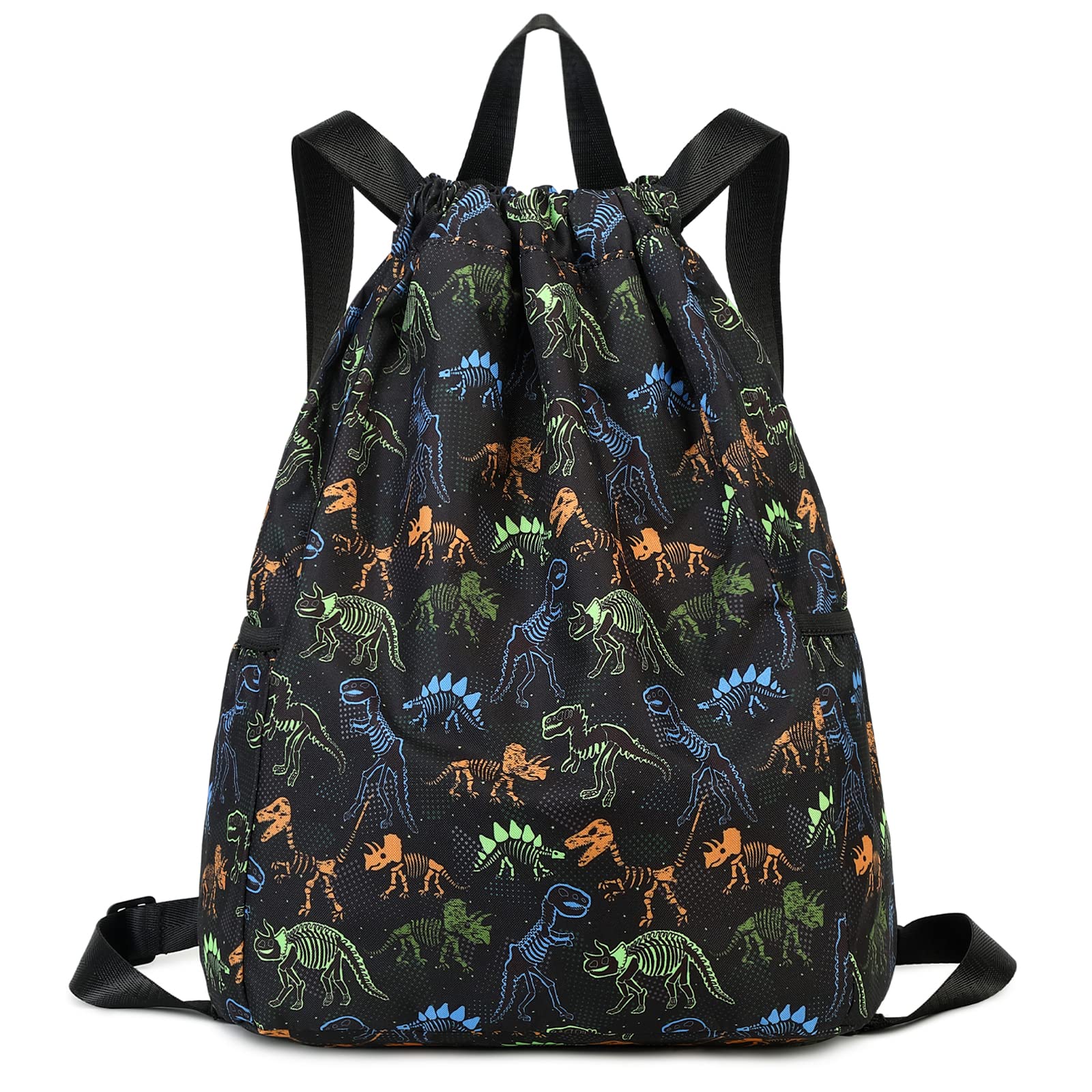 Ryushoyo Dinosaur Drawstring Backpack Bulk for Kids Girls Boys Gym Dance String Bags Water Resistant Lightweight Colorful Skeleton Dinosaurs Black