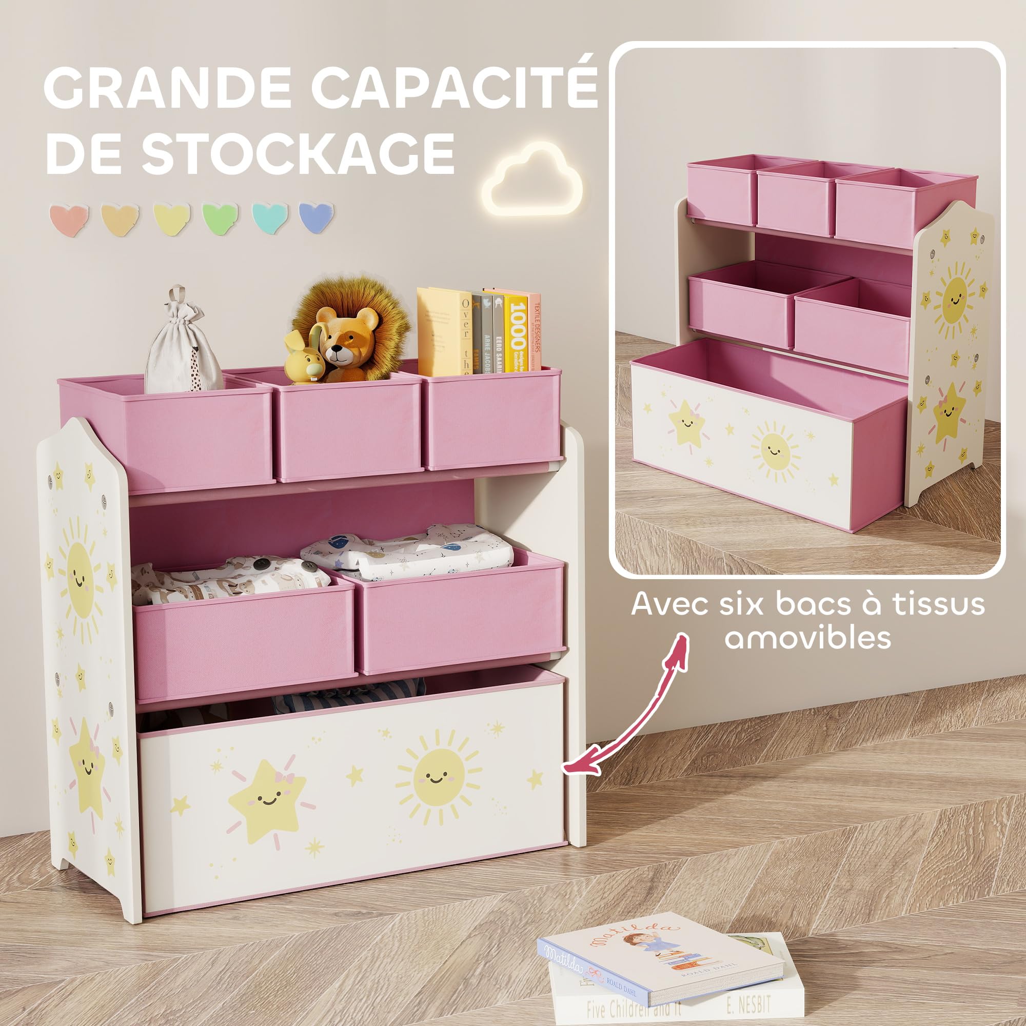 AIYAPLAY Meuble Rangement Enfant à 3 Niveaux, étagère de Rangement pour Jouets Enfants avec 6 boîtes en Tissu Amovibles, pour Chambre d'enfant, Salle de Jeux, garderie, Rose