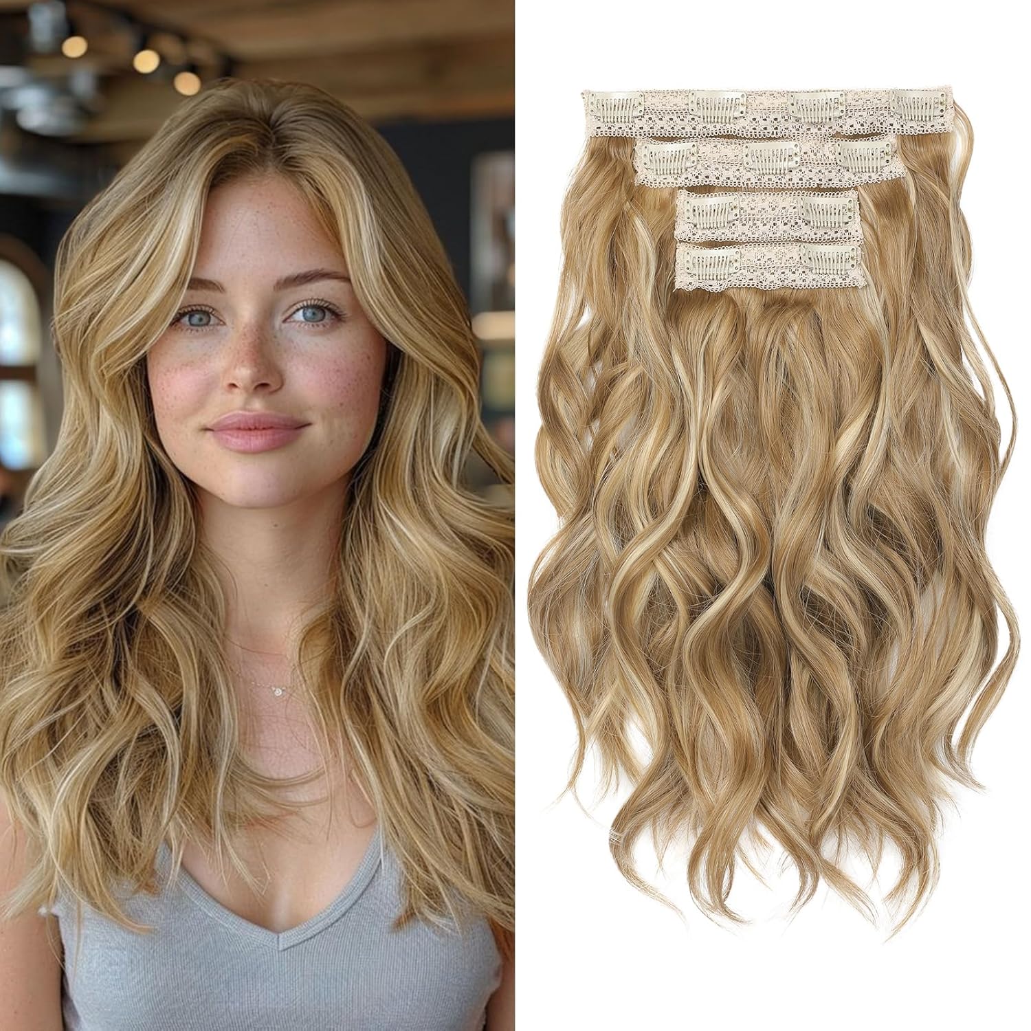 REECHO Hair Extensions, 4PCS Clip in Hair Extensions 14" Short Beach Wavy Invisible Lace Weft Natural Soft Hairpieces for Women – Honey Blonde with Highlights