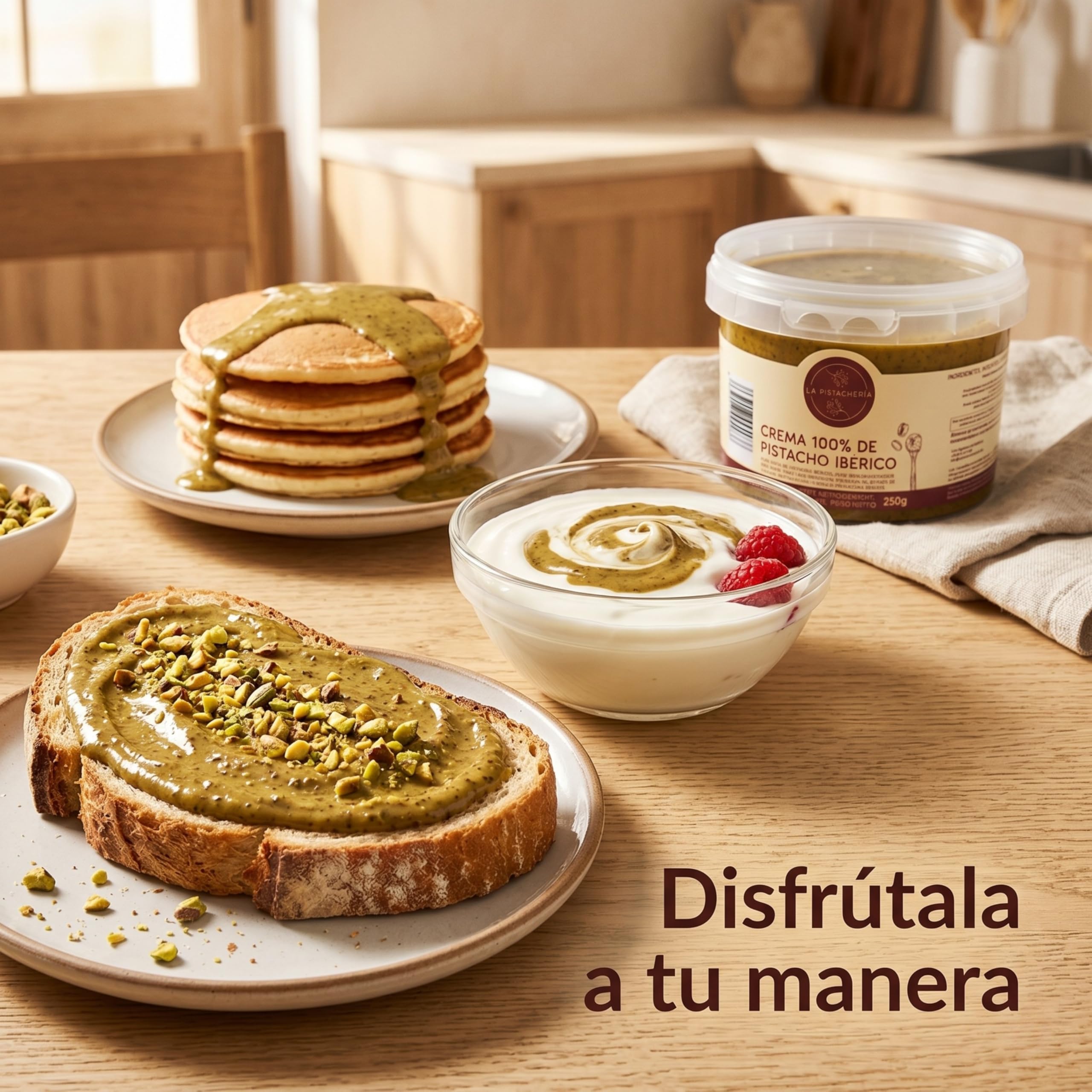Crema 100% de Pistacho Ibérico – Pasta Pura de Pistacho Natural sin Azúcar ni Aditivos – Textura Cremosa para Postres, Repostería, Desayunos y Recetas Saladas - La Pistachería (250 gr)