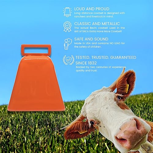 Miniatura 3 de Bevin Bells Campanas de vaca de larga distancia 10LD (naranja y naranja)  Campanas de Navidad  Hecho de acero  Hacedores de ruido fuerte  con correa