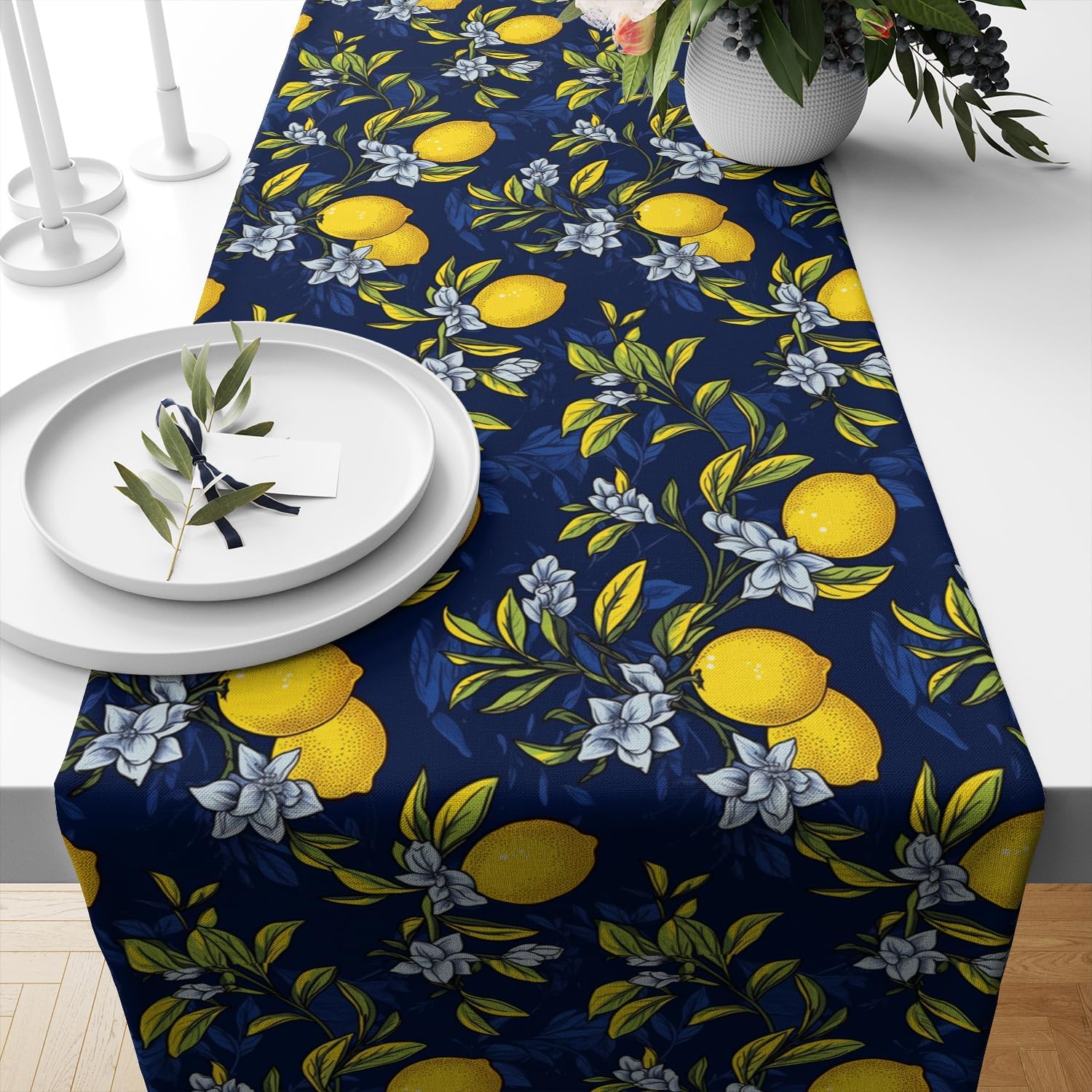 Vintage Lemon Kitchen Table Runner, Fresh Fruit Simple Fashion Table Runner for Dinning Party Holiday Home Indoor Outdoor Supply Navy Blue 13x108 Inch