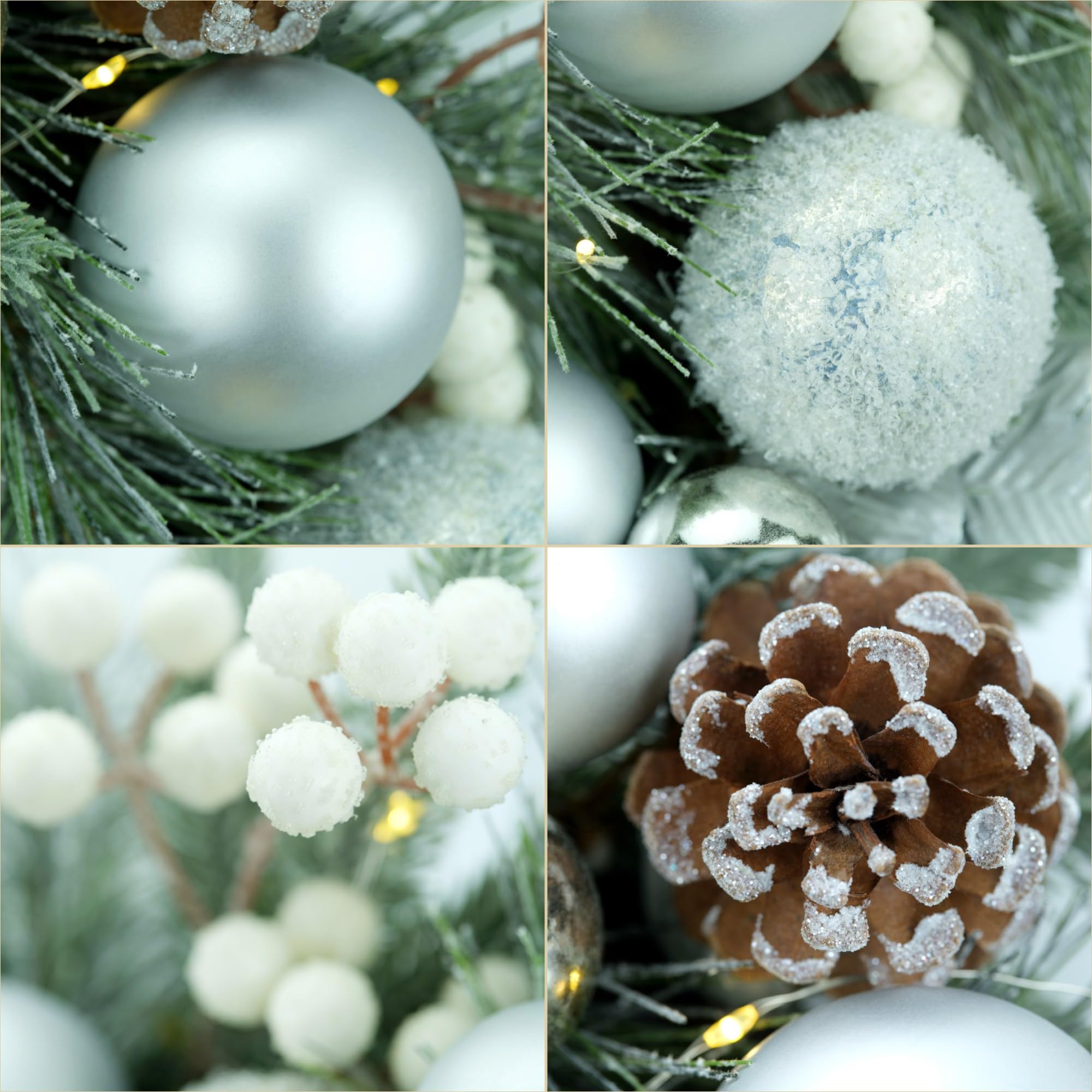YULETIME Weihnachtskranz, 50,8 cm, Kugeln, Beeren, Tannenzapfen, Blätter, bereifte Fichtenzweige und Tannennadeln (Silber) | Silberfarbene Kugeln, weiße Beeren, Tannenzapfen, silberfarbene Blätter, gefrostete Fichtenzweige und Tannennadeln