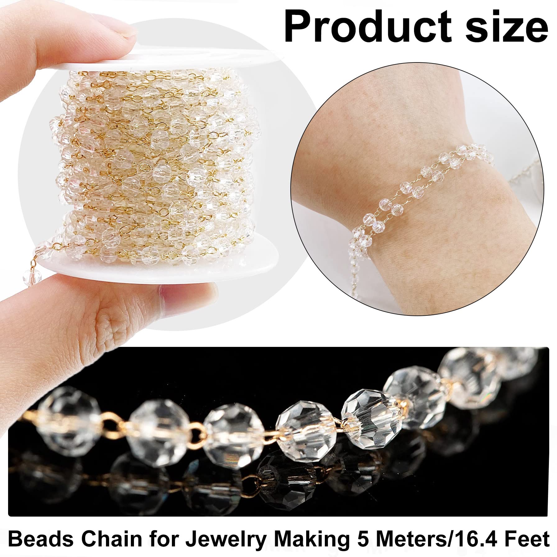 Wergund Chain for Jewelry Making -16.4 Feet Beaded Copper Link Chain Bulk, 4mm Glass Crystal Beads with Spool - for DIY Handmade Craftings Bracelet Necklace Chain Earrings Accessories