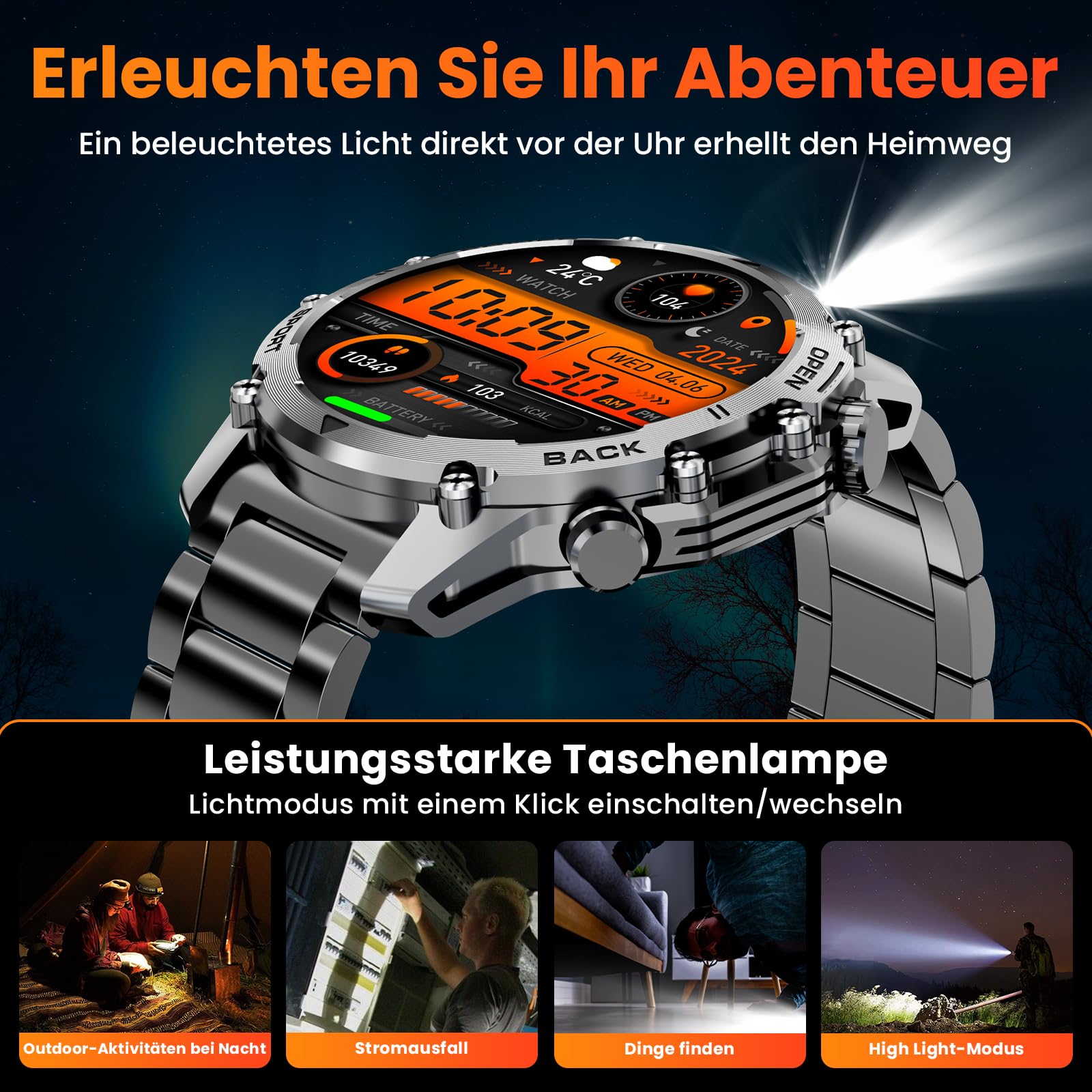 Smartwatch męski, 1,52" HD Smart Watch z 500 mAh, długi czas pracy baterii, 114+ trybów sportowych, styl wojskowy, zegarek fitness z pulsometrem, krokomierzem, monitorem snu, latarką, z systemem
