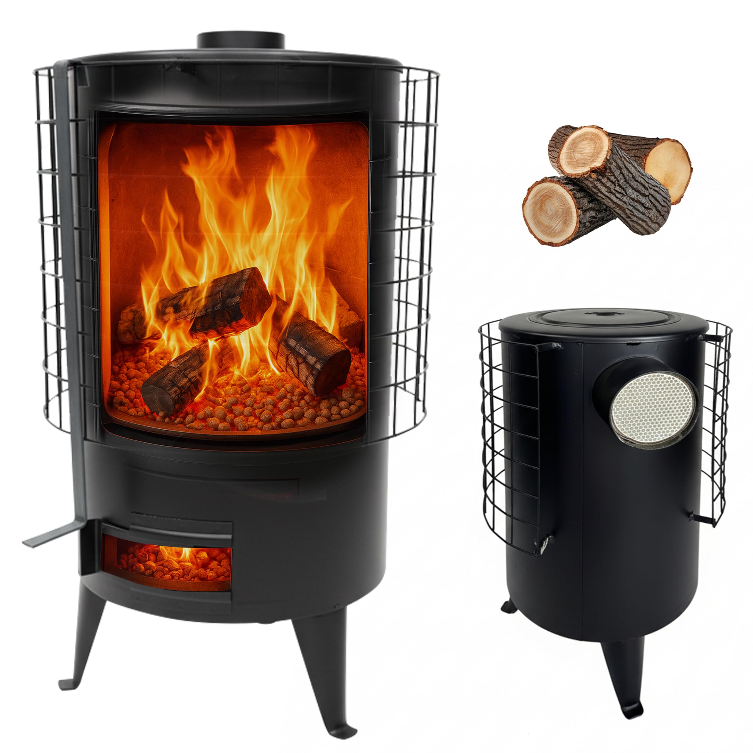 BAÑO MODERNO Estufa de Leña Redonda, Chimeneas de Leña, Estufa con Potencia 6,7 KW Para Calentar Superficie De 50 M², Estufas de Leña con Horno Grande, Estufa Leña Interior, Estufa Leña Negro