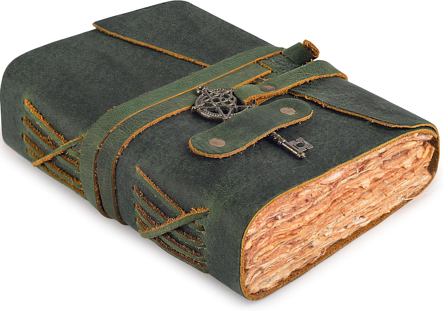 LEATHER VILLAGE Leather Bound Vintage Journal for Women & Men - 200 Pages of Handmade Deckle Edges Watercolor Paper - Antique Lock Closure - Book of Shadow - Green - 10X7 Inches