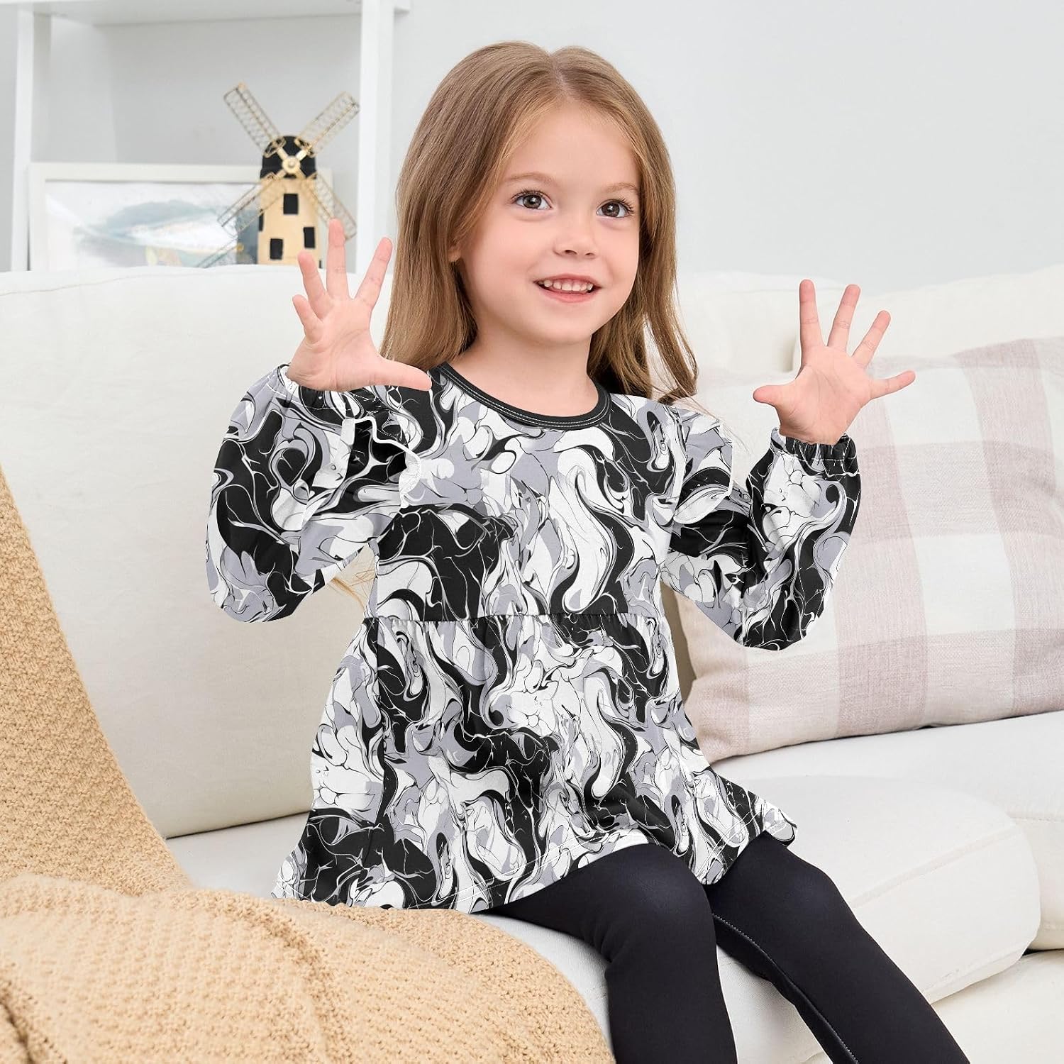 visesunny Toddler Clothes for Girls Mixed Ink Watercolor Pattern Long Sleeve Fall Shirts Cotton Top with Ruffle Collar