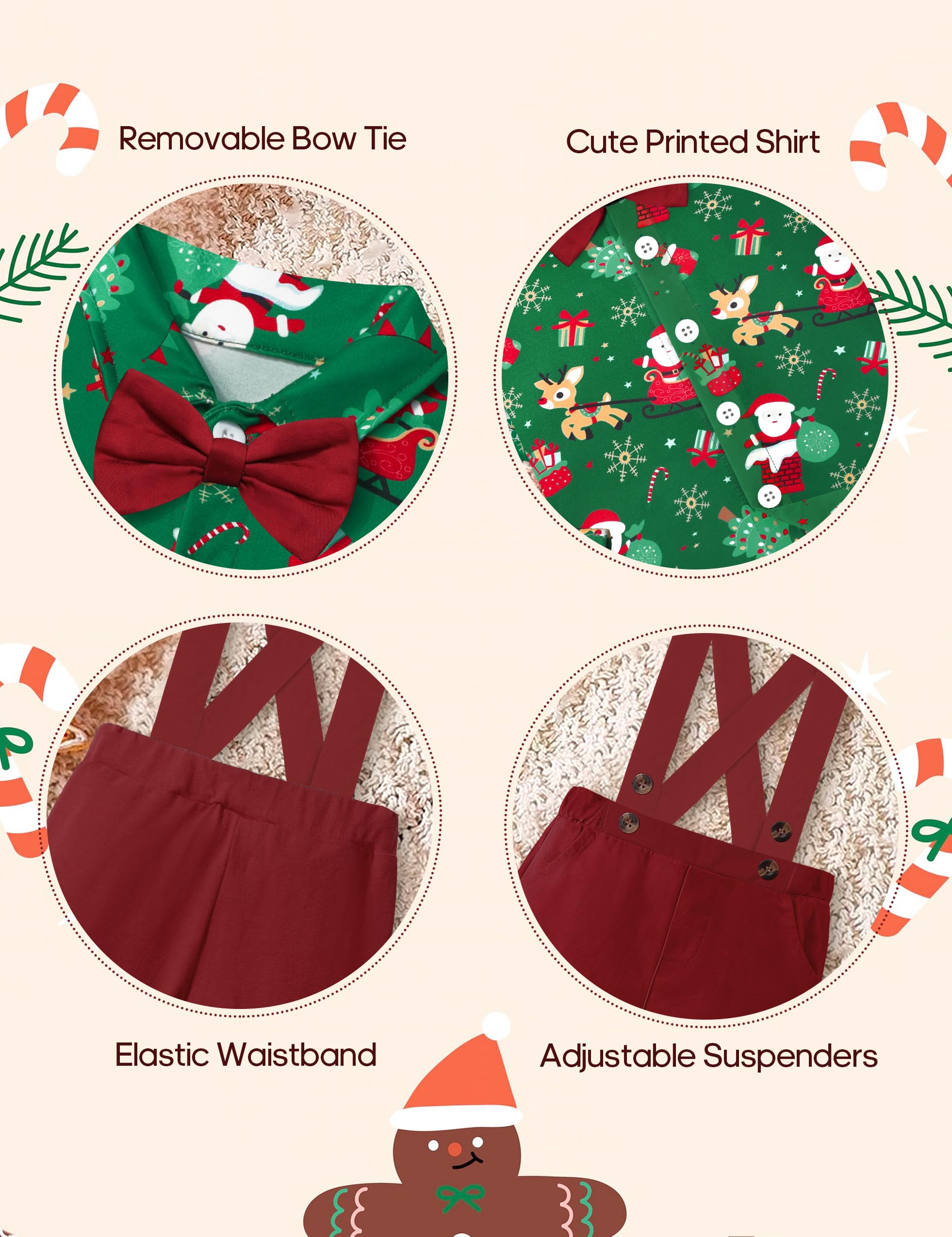 Weihnachtsoutfit für Babys, Kleinkinder, Jungen, Rentier, bedruckt, abnehmbare Schleife, Hemd, Oberteil, Hosenträger und Hose, Sets für Jungen