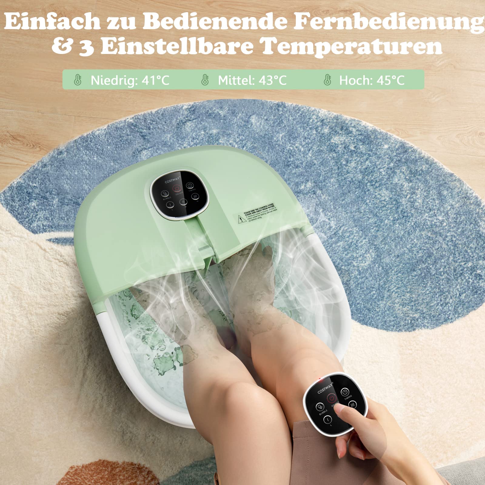 COSTWAY Fußbad Massagegerät faltbar, Elektrische Fußbadewanne Heizung und Sprudelmassage, Fußmassage Spa mit Massagerollen, Bimsstein, Blubberblasen (Grün)